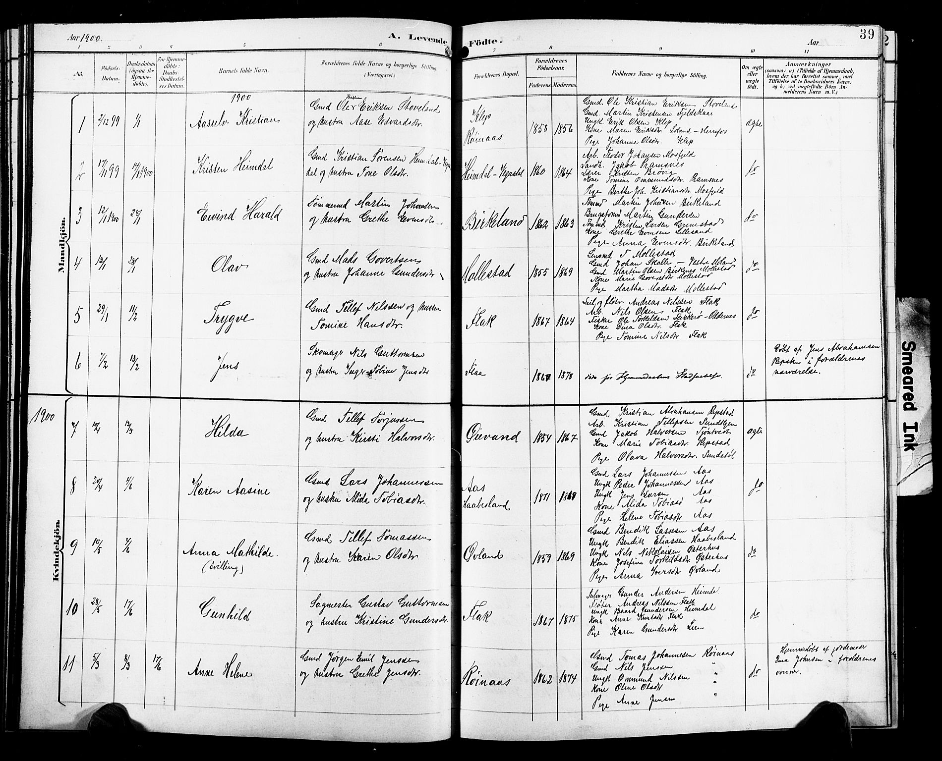 Birkenes sokneprestkontor, SAK/1111-0004/F/Fb/L0004: Parish register (copy) no. B 4, 1893-1930, p. 39