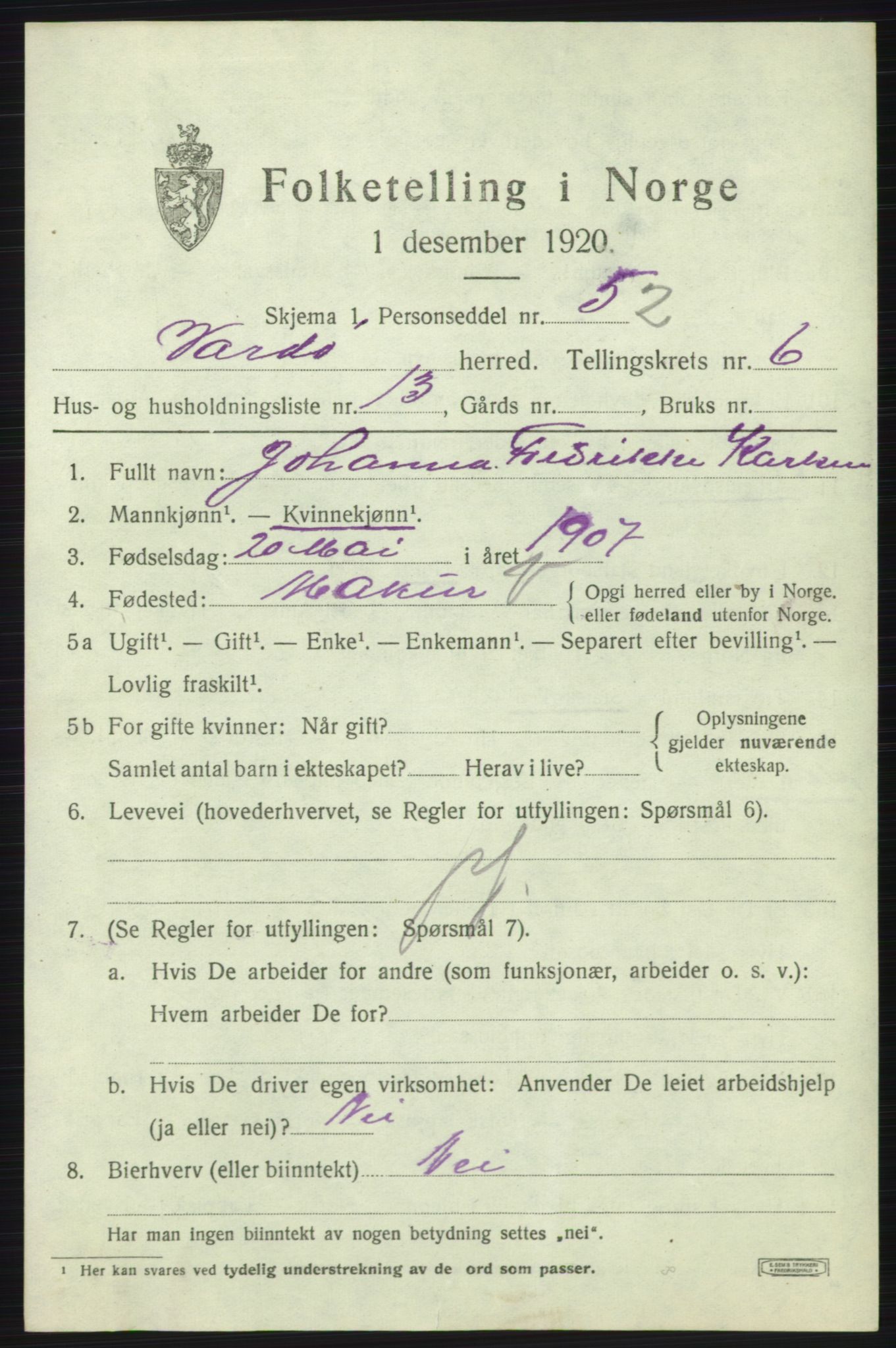 SATØ, 1920 census for Vardø rural district, 1920, p. 2932