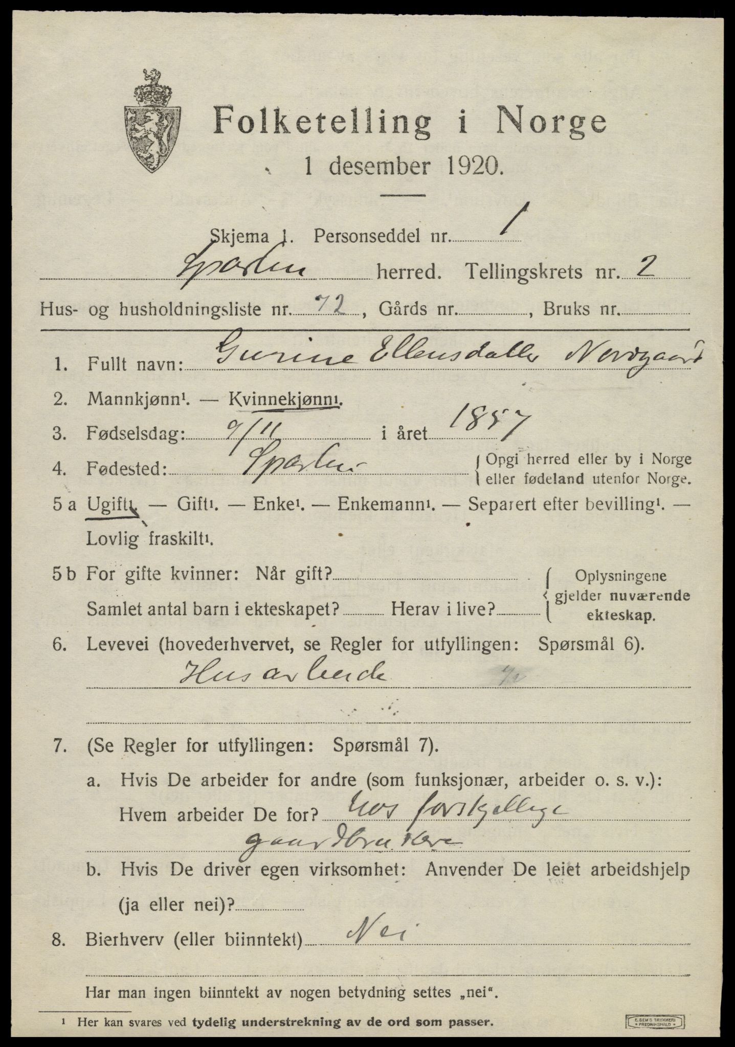 SAT, 1920 census for Sparbu, 1920, p. 4171