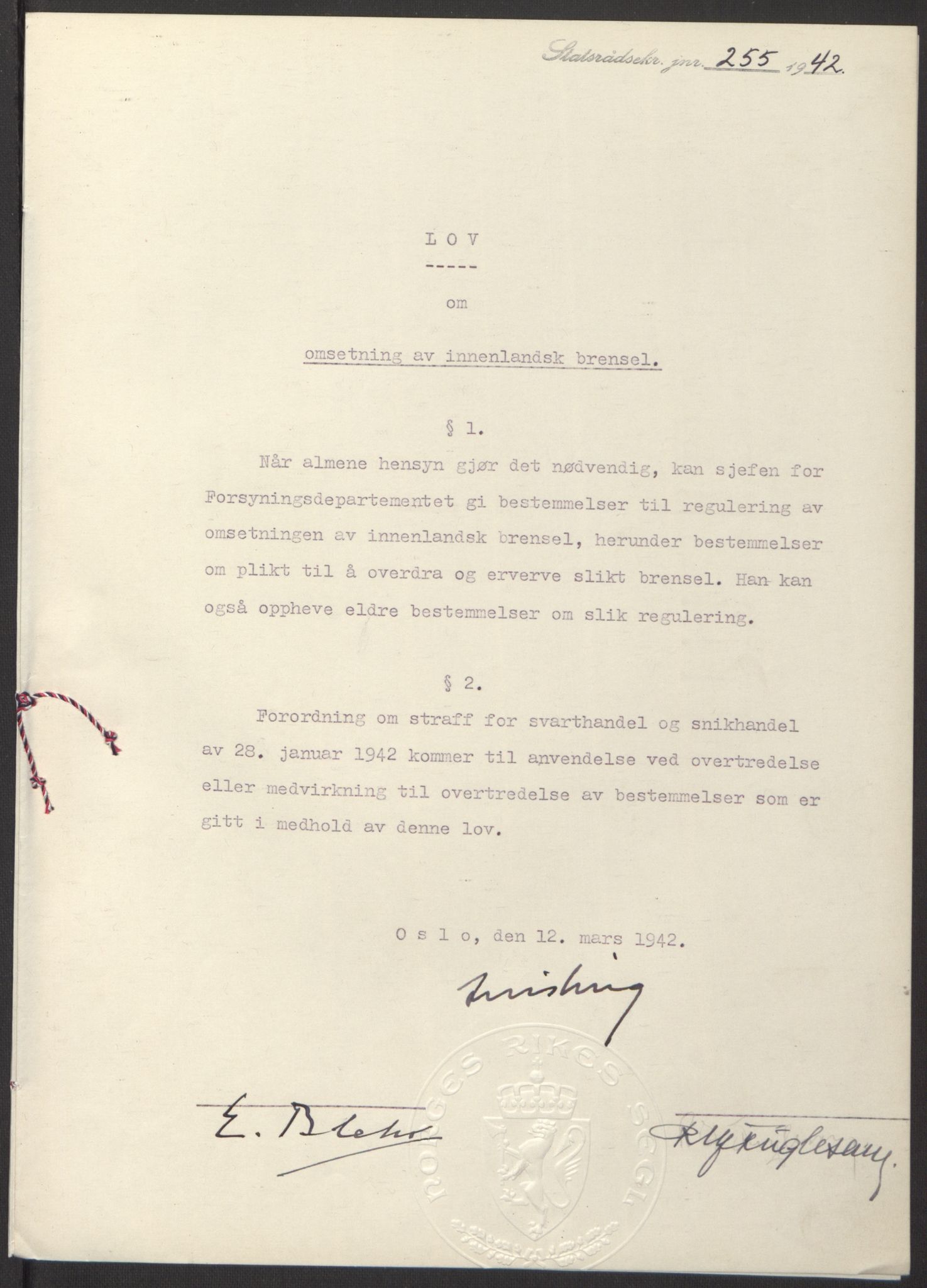 NS-administrasjonen 1940-1945 (Statsrådsekretariatet, de kommisariske statsråder mm), RA/S-4279/D/Db/L0097: Lover I, 1942, p. 152
