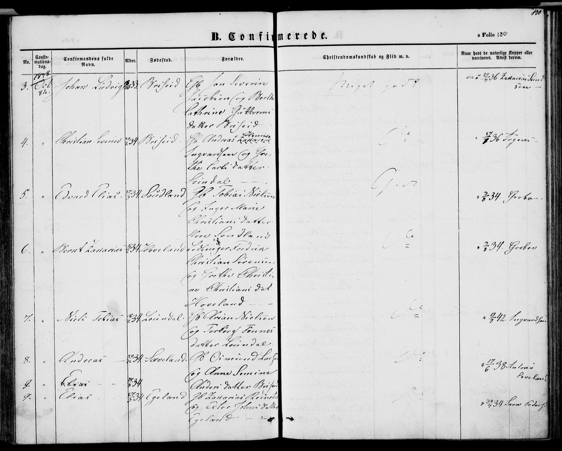 Herad sokneprestkontor, SAK/1111-0018/F/Fa/Faa/L0004: Parish register (official) no. A 4, 1844-1853, p. 130