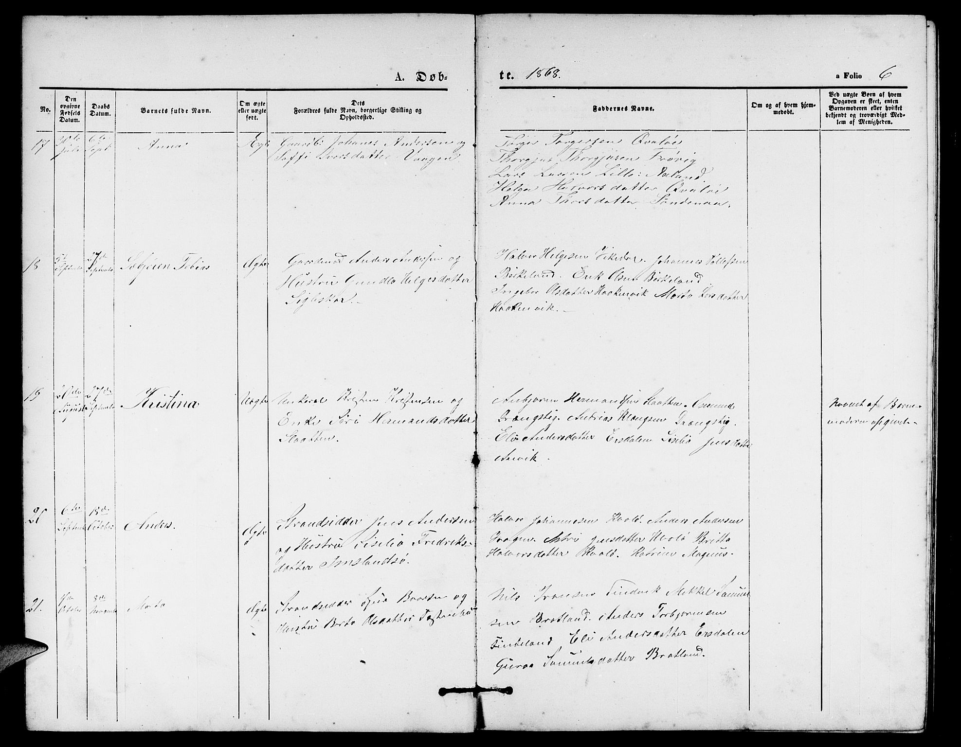 Vikedal sokneprestkontor, AV/SAST-A-101840/01/V: Parish register (copy) no. B 4, 1868-1890, p. 6