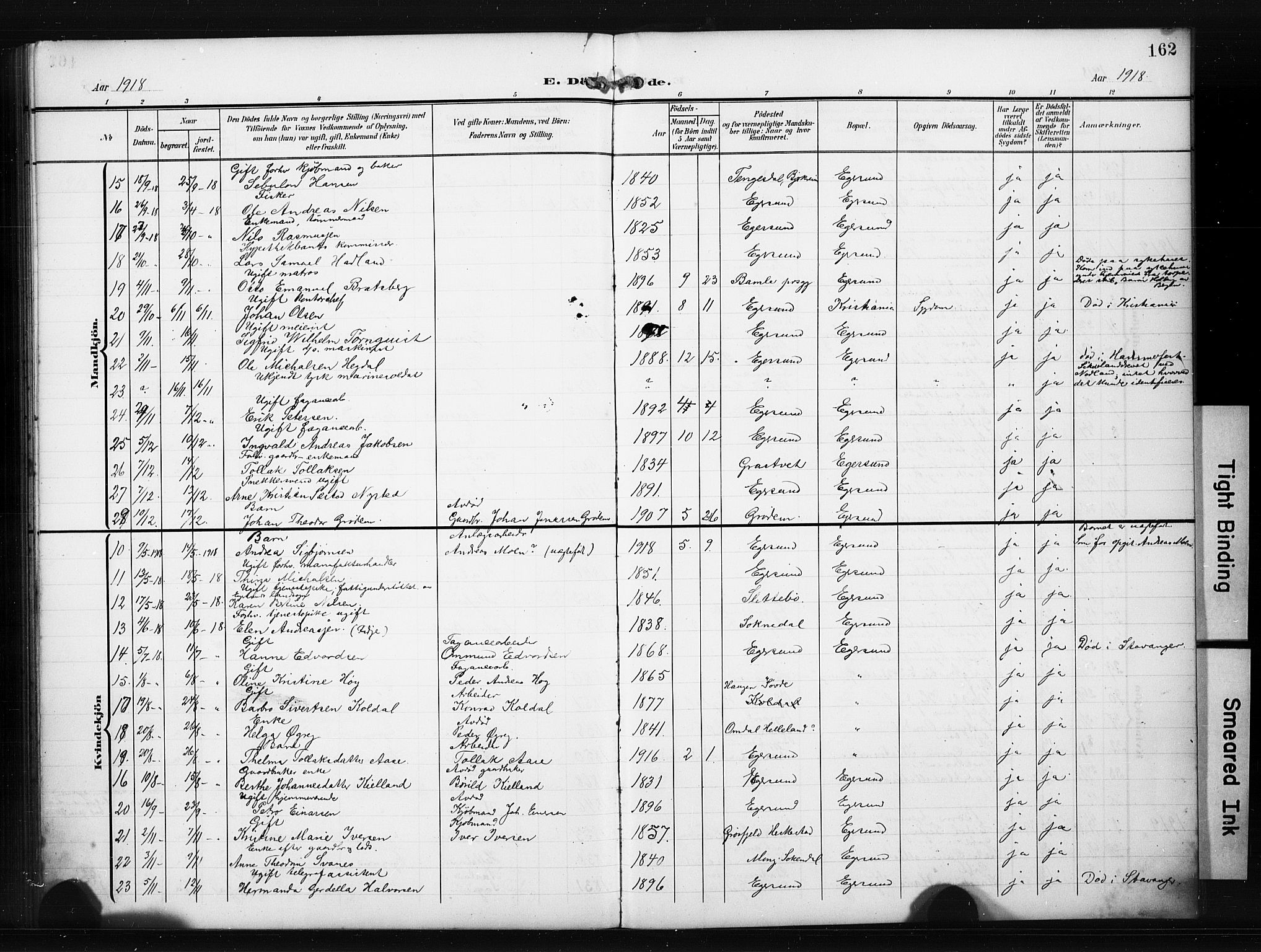 Eigersund sokneprestkontor, AV/SAST-A-101807/S09/L0012: Parish register (copy) no. B 12, 1908-1930, p. 162