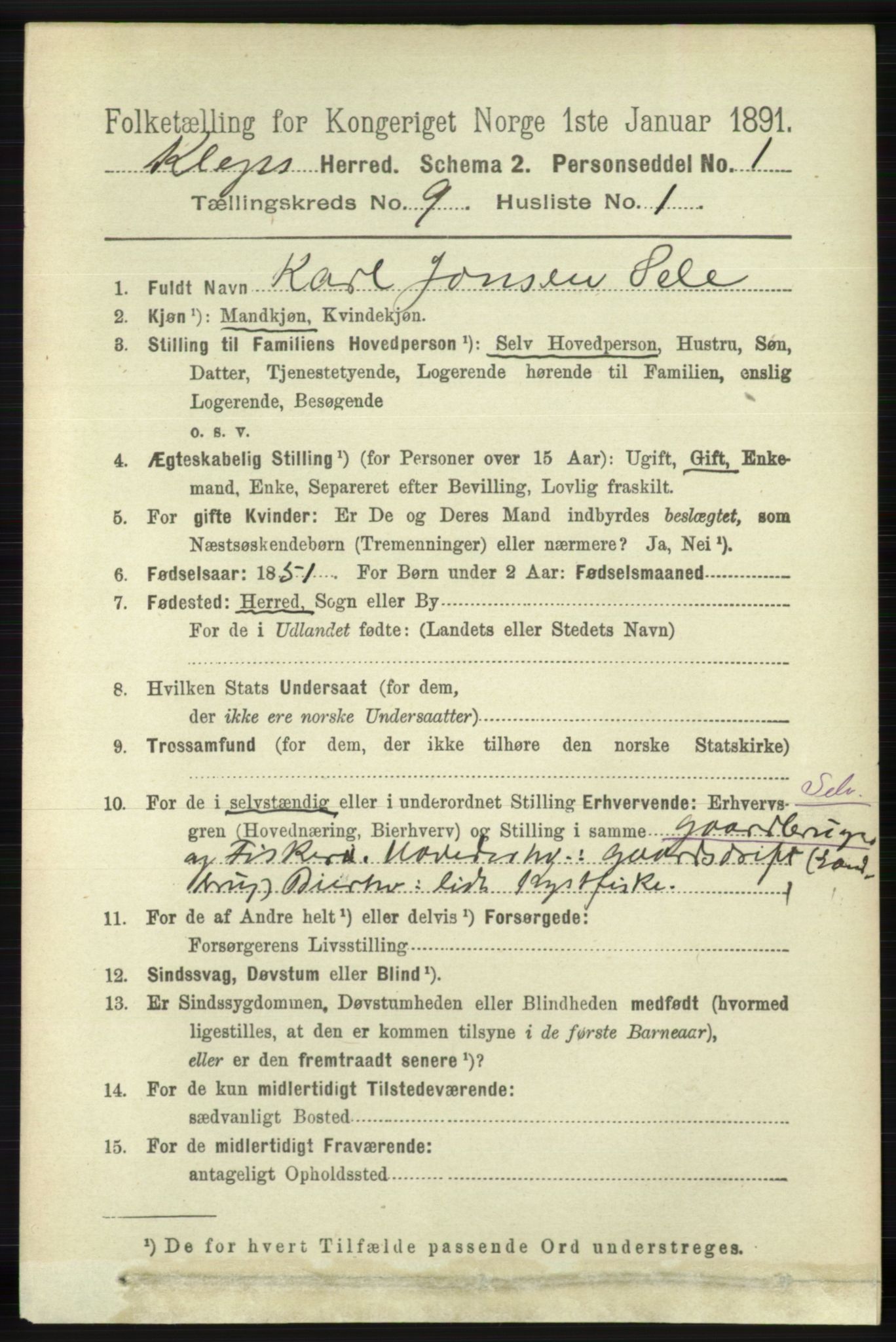 RA, 1891 census for 1120 Klepp, 1891, p. 2725