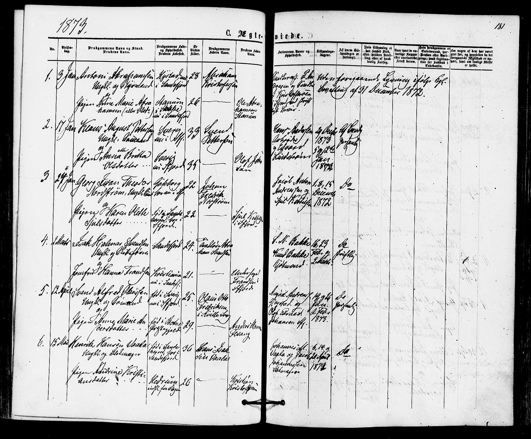Sandefjord kirkebøker, AV/SAKO-A-315/F/Fa/L0001: Parish register (official) no. 1, 1873-1879, p. 181