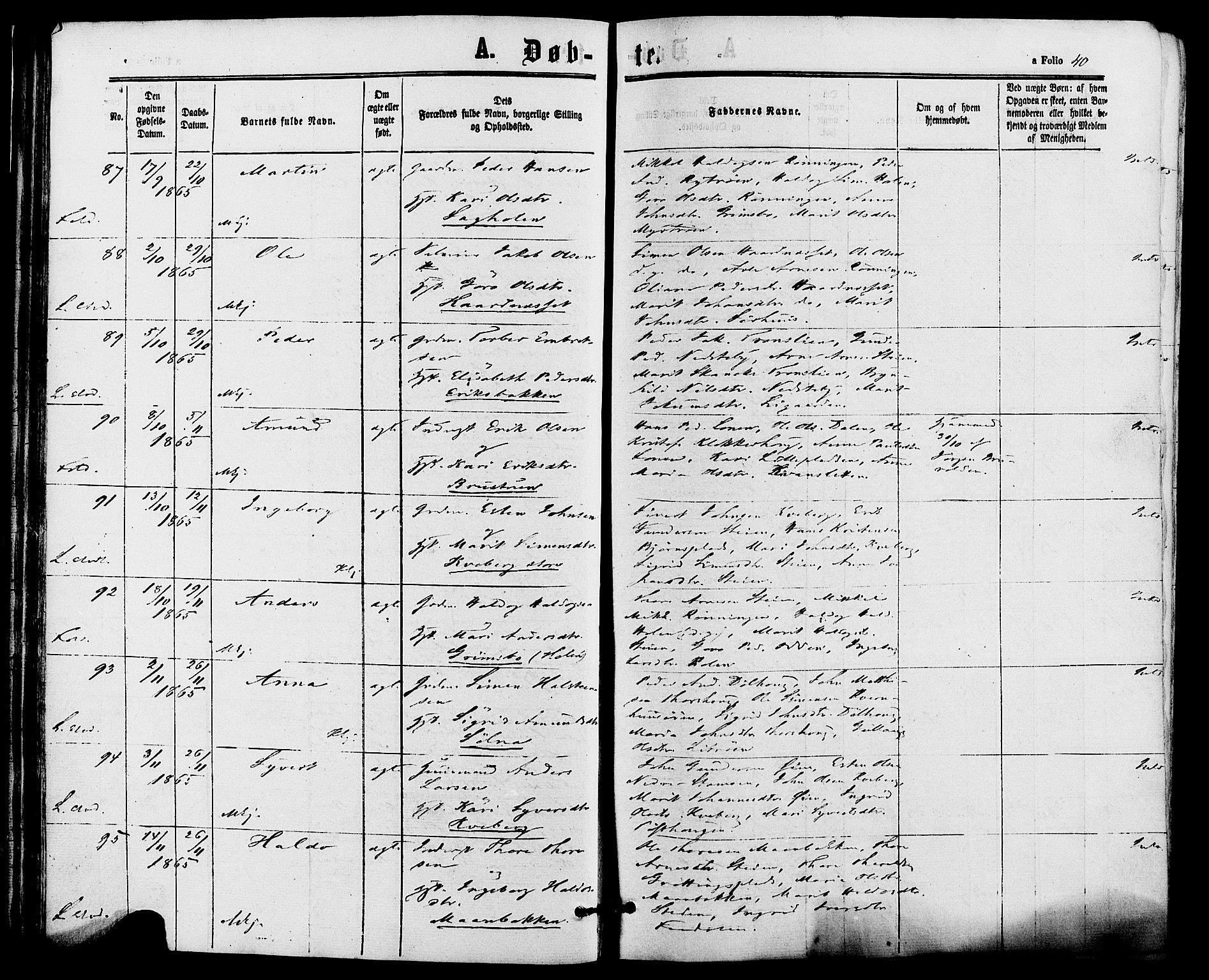 Alvdal prestekontor, SAH/PREST-060/H/Ha/Haa/L0001: Parish register (official) no. 1, 1863-1882, p. 40