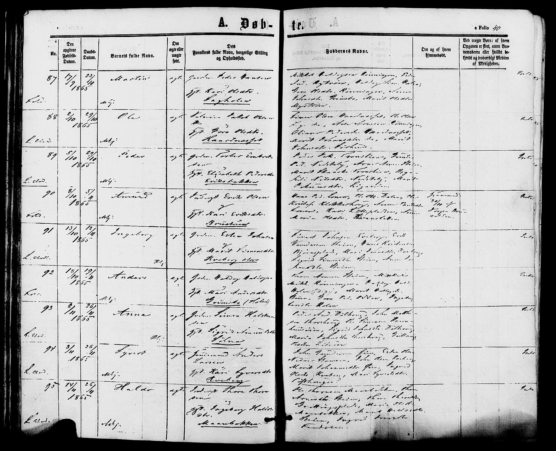 Alvdal prestekontor, AV/SAH-PREST-060/H/Ha/Haa/L0001: Parish register (official) no. 1, 1863-1882, p. 40