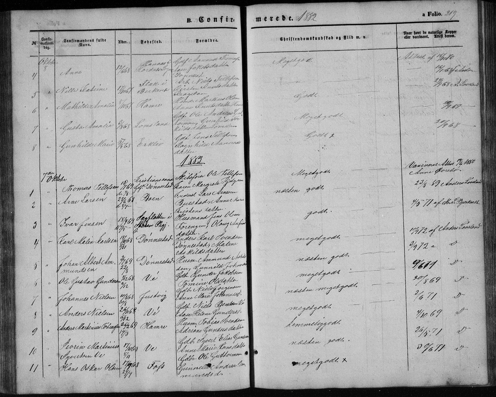 Tveit sokneprestkontor, AV/SAK-1111-0043/F/Fb/L0003: Parish register (copy) no. B 3, 1854-1886, p. 219