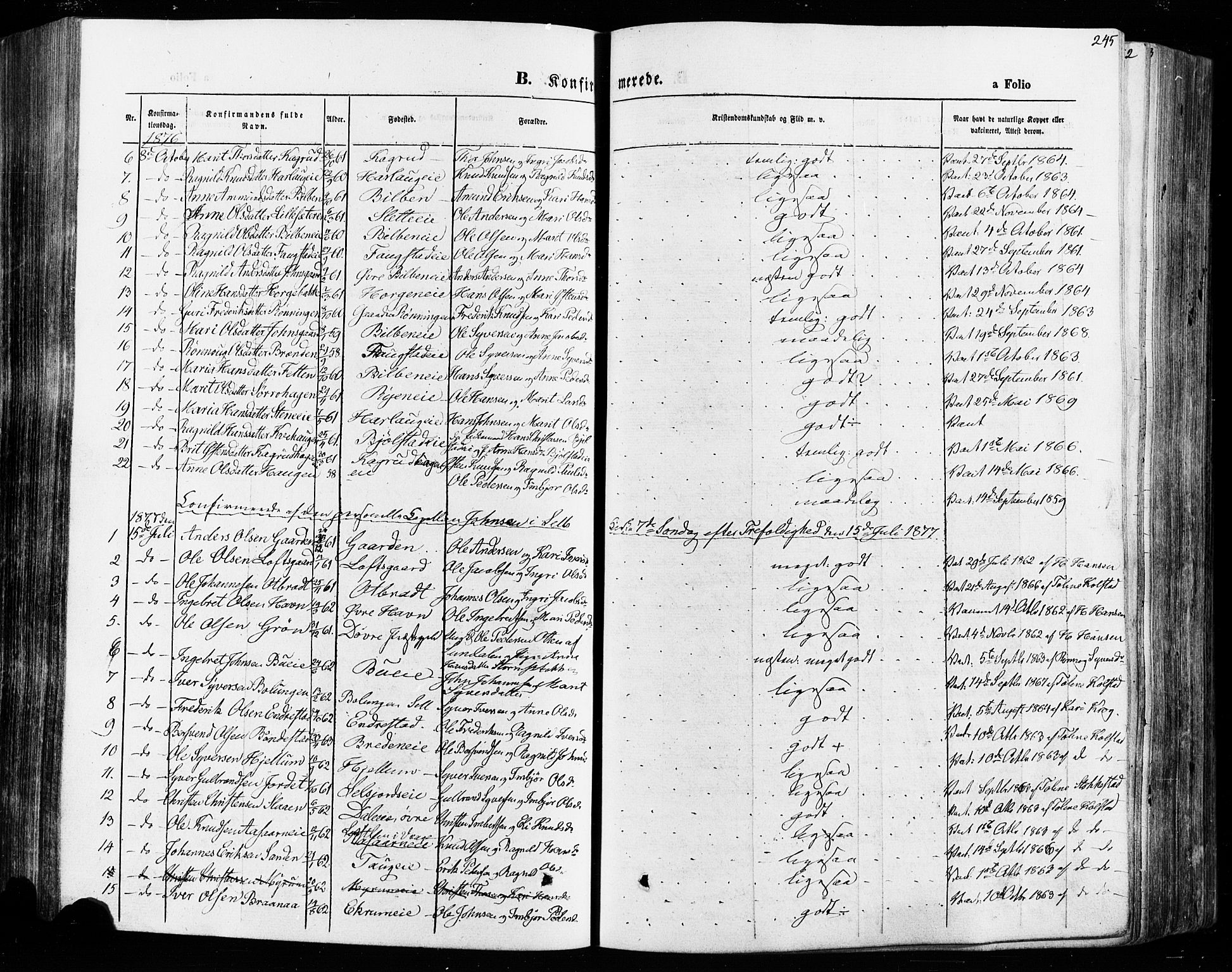 Vågå prestekontor, SAH/PREST-076/H/Ha/Haa/L0007: Parish register (official) no. 7 /1, 1872-1886, p. 245