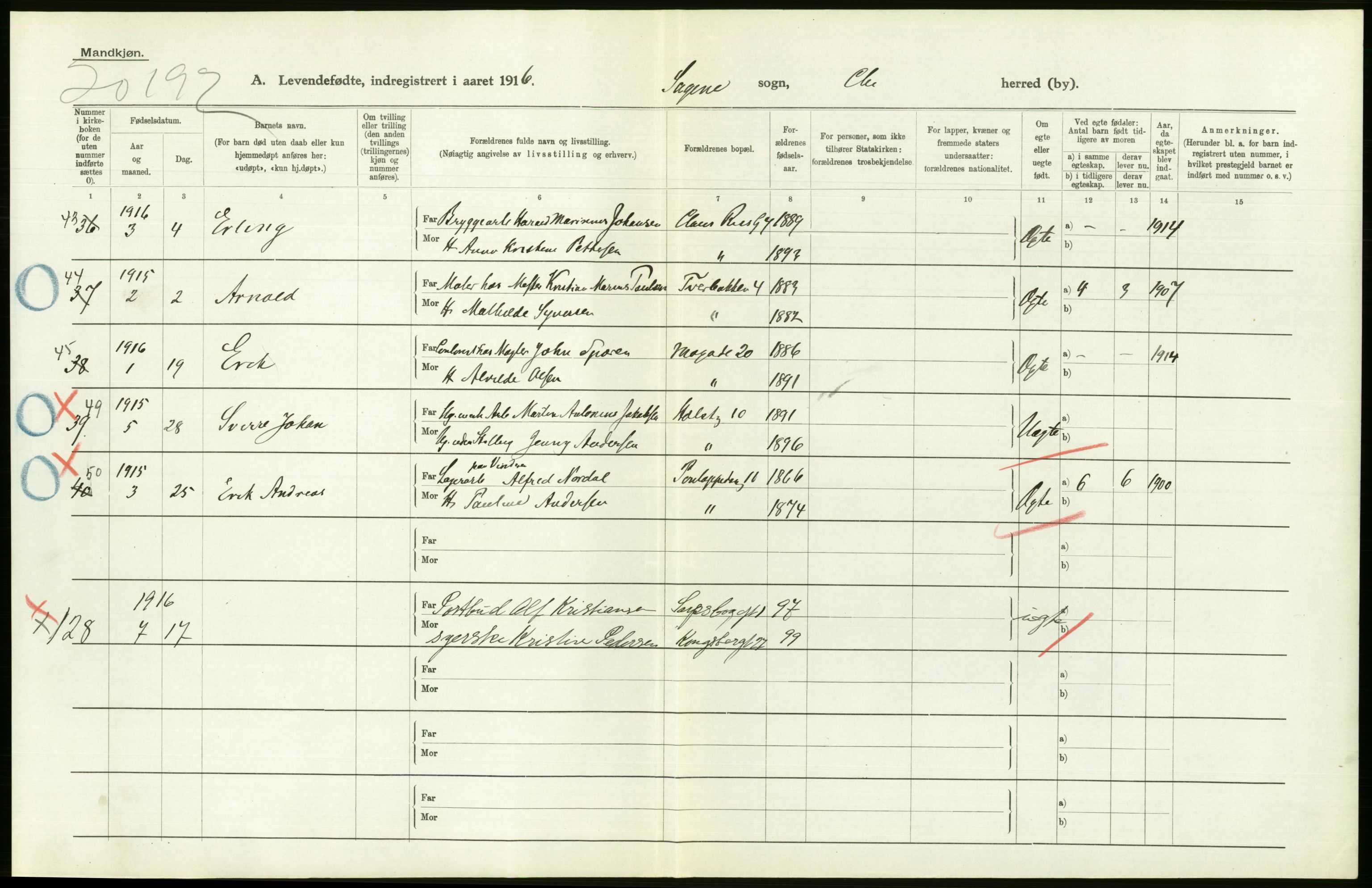 Statistisk sentralbyrå, Sosiodemografiske emner, Befolkning, AV/RA-S-2228/D/Df/Dfb/Dfbf/L0006: Kristiania: Levendefødte menn og kvinner., 1916, p. 228