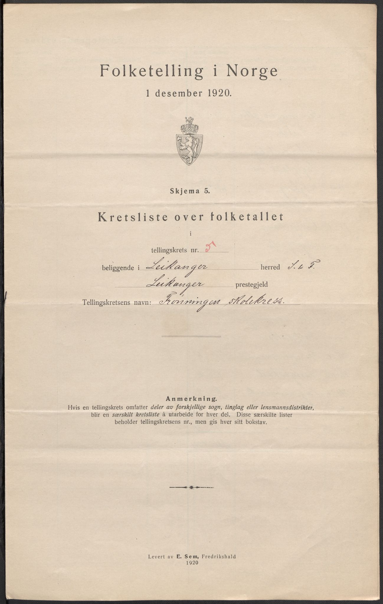 SAB, 1920 census for Leikanger, 1920, p. 19