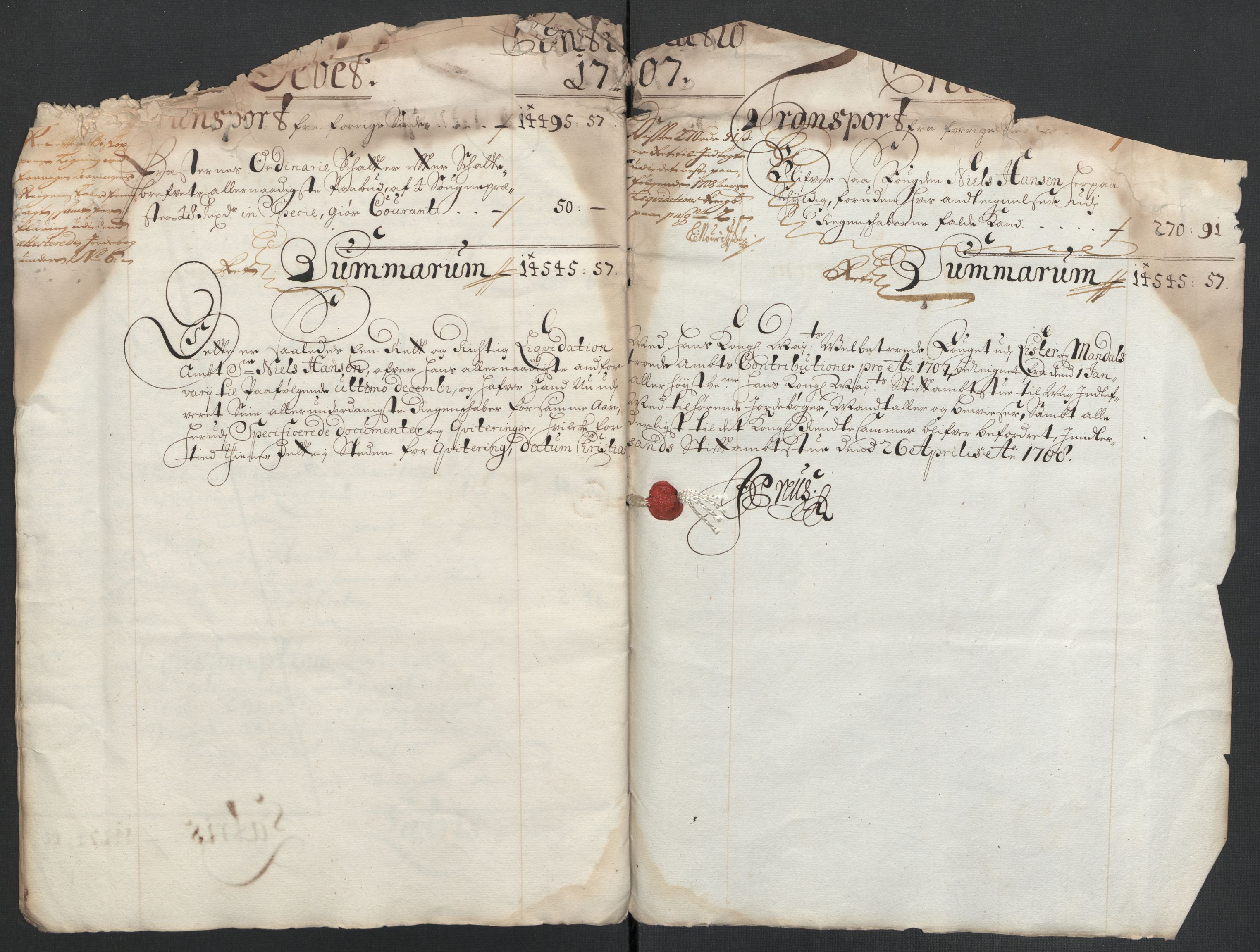 Rentekammeret inntil 1814, Reviderte regnskaper, Fogderegnskap, AV/RA-EA-4092/R43/L2551: Fogderegnskap Lista og Mandal, 1705-1709, p. 420