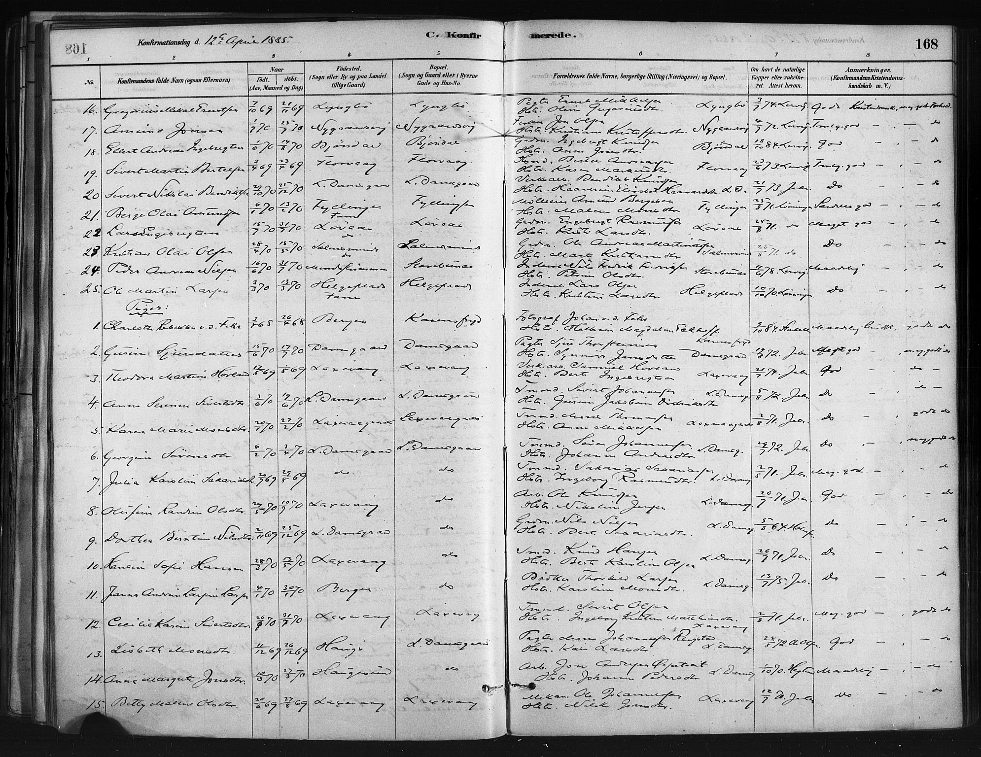 Askøy Sokneprestembete, SAB/A-74101/H/Ha/Haa/Haae/L0002: Parish register (official) no. E 2, 1878-1891, p. 168