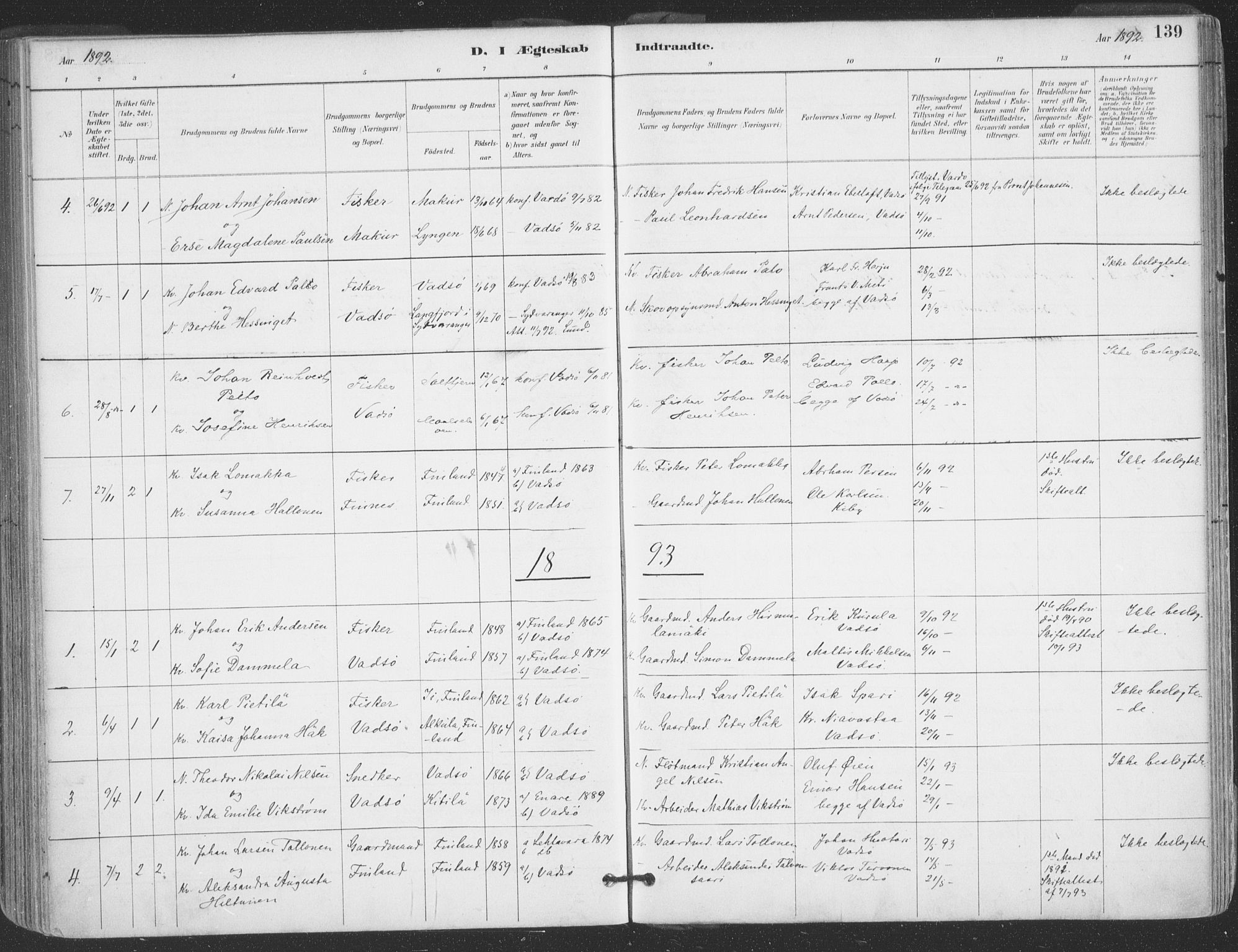 Vadsø sokneprestkontor, AV/SATØ-S-1325/H/Ha/L0006kirke: Parish register (official) no. 6, 1885-1895, p. 139