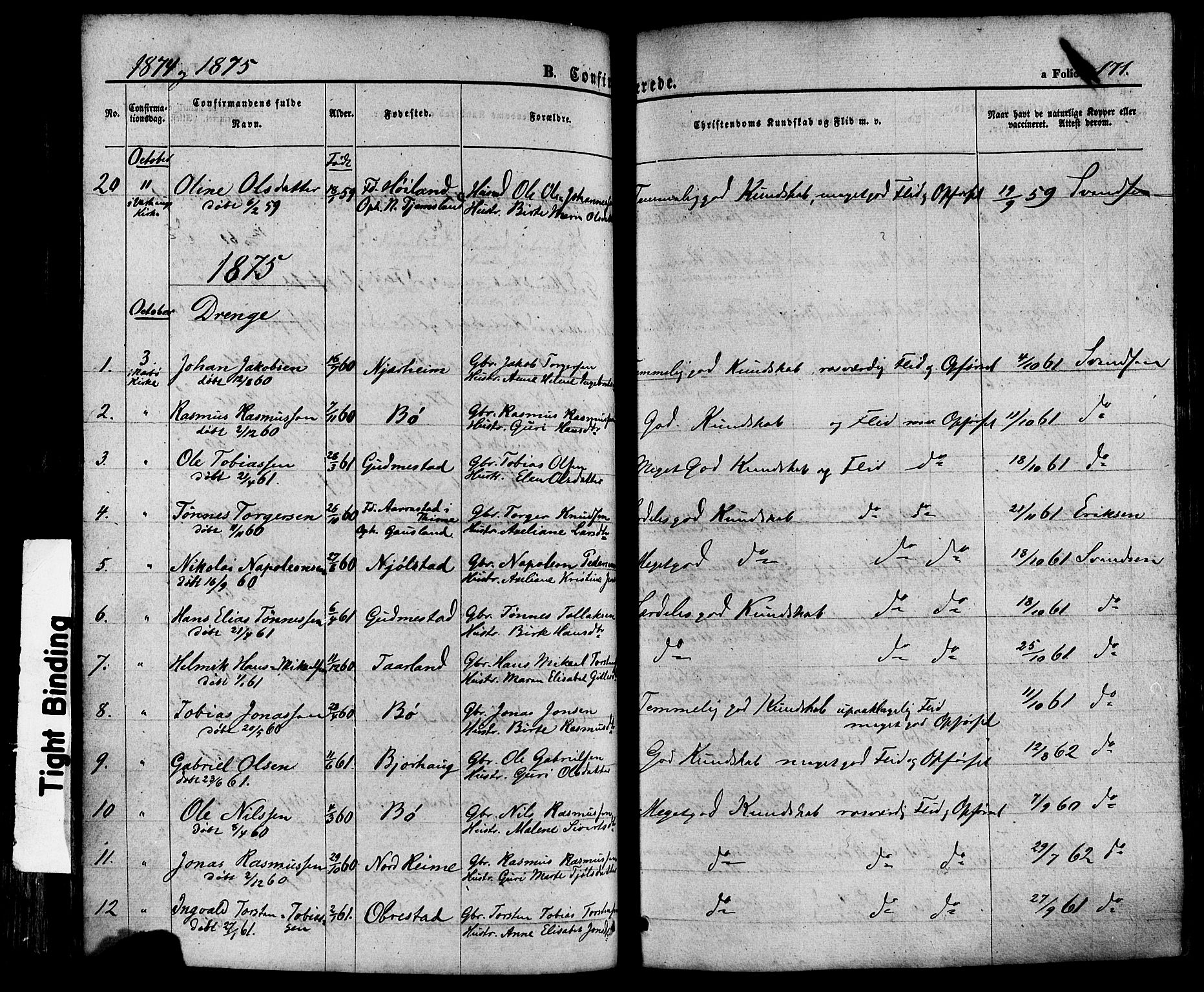 Hå sokneprestkontor, SAST/A-101801/001/30BA/L0008: Parish register (official) no. A 7, 1853-1878, p. 171