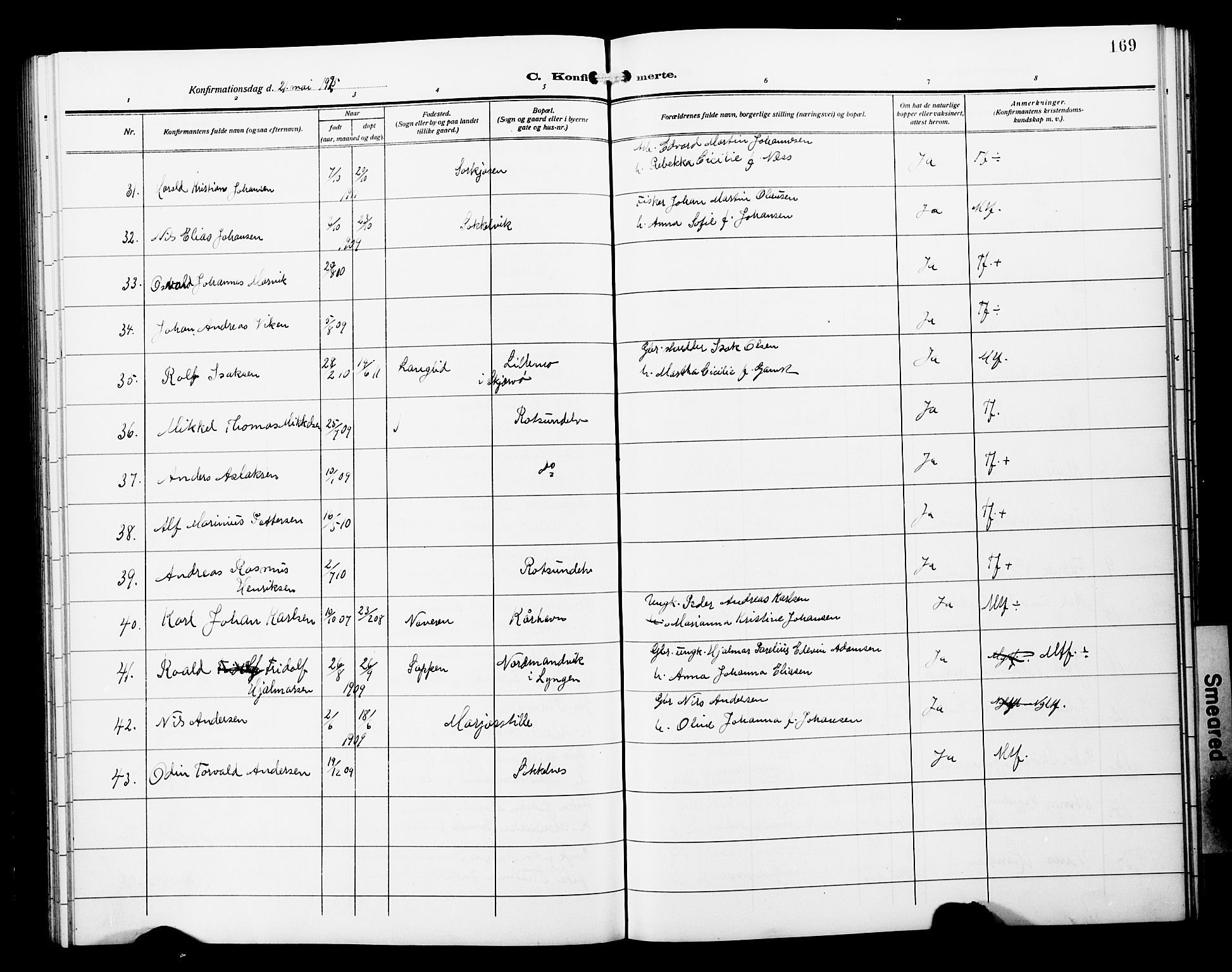 Skjervøy sokneprestkontor, AV/SATØ-S-1300/H/Ha/Hab/L0022klokker: Parish register (copy) no. 22, 1910-1926, p. 169