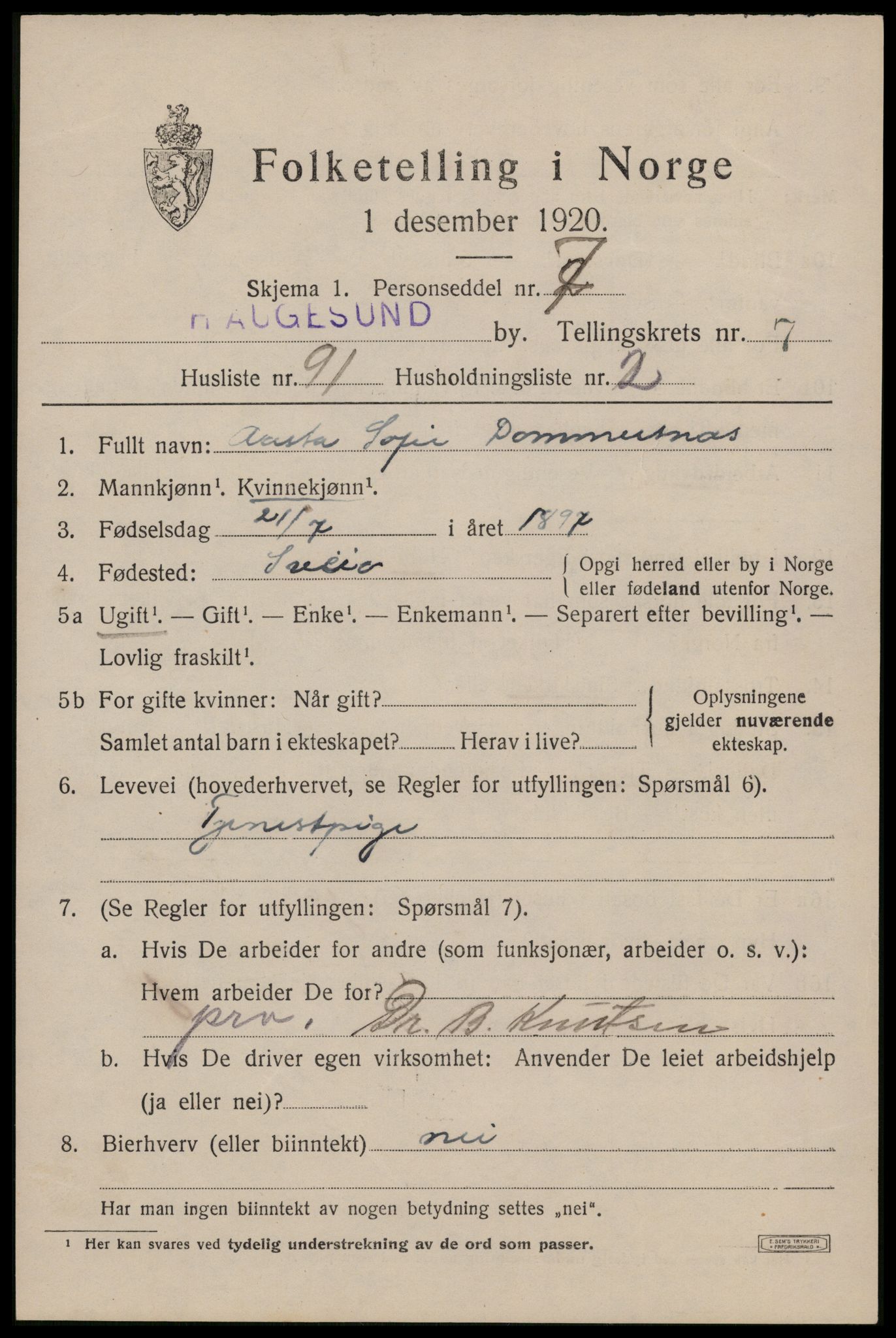 SAST, 1920 census for Haugesund, 1920, p. 26687