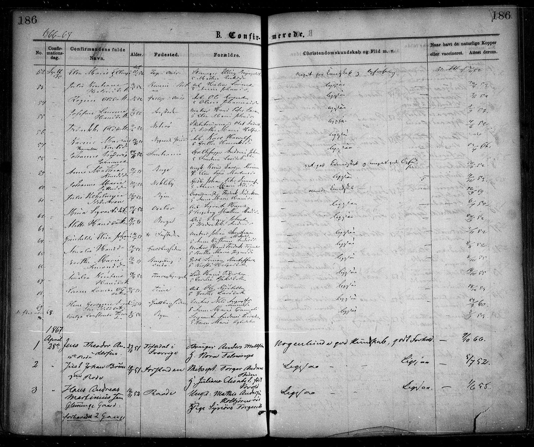 Glemmen prestekontor Kirkebøker, SAO/A-10908/F/Fa/L0008: Parish register (official) no. 8, 1862-1871, p. 186