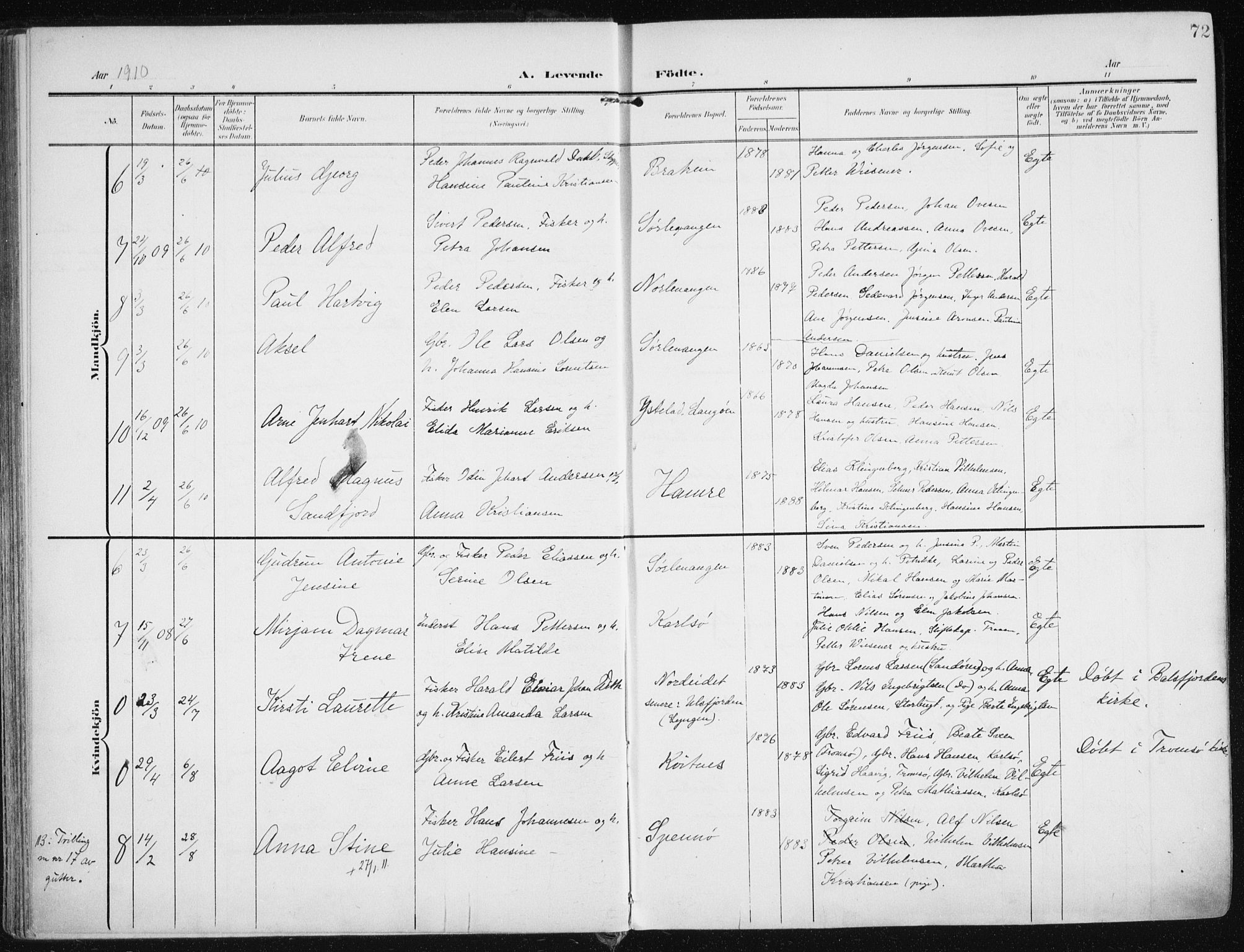 Karlsøy sokneprestembete, SATØ/S-1299/H/Ha/Haa/L0014kirke: Parish register (official) no. 14, 1903-1917, p. 72