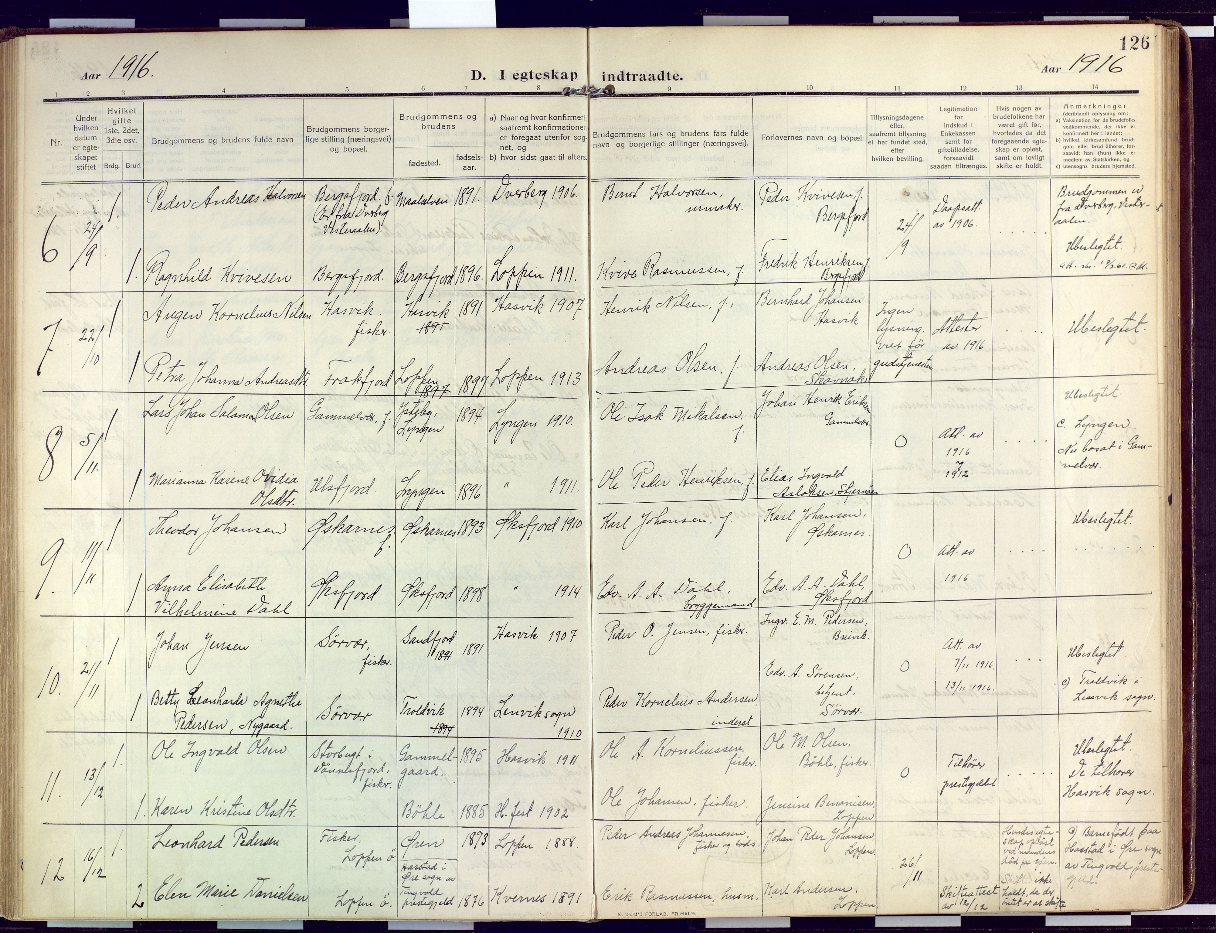 Loppa sokneprestkontor, SATØ/S-1339/H/Ha/L0011kirke: Parish register (official) no. 11, 1909-1919, p. 126