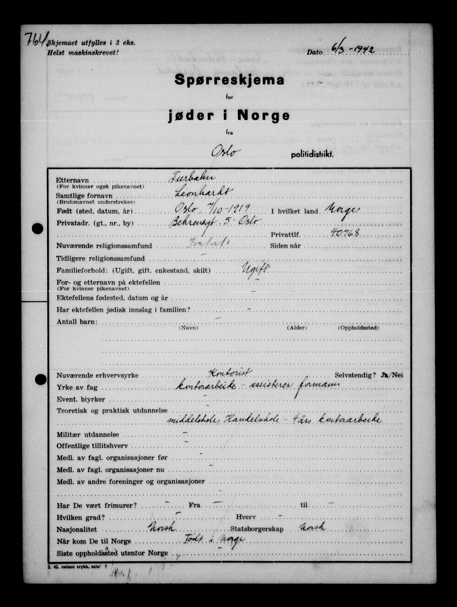 Statspolitiet - Hovedkontoret / Osloavdelingen, AV/RA-S-1329/G/Ga/L0011: Spørreskjema for jøder i Norge. 1: Oslo 610-806 (Plavnik-Zwillinger). 2: Aker 1-113 (Adler-Lewin). , 1942, p. 458