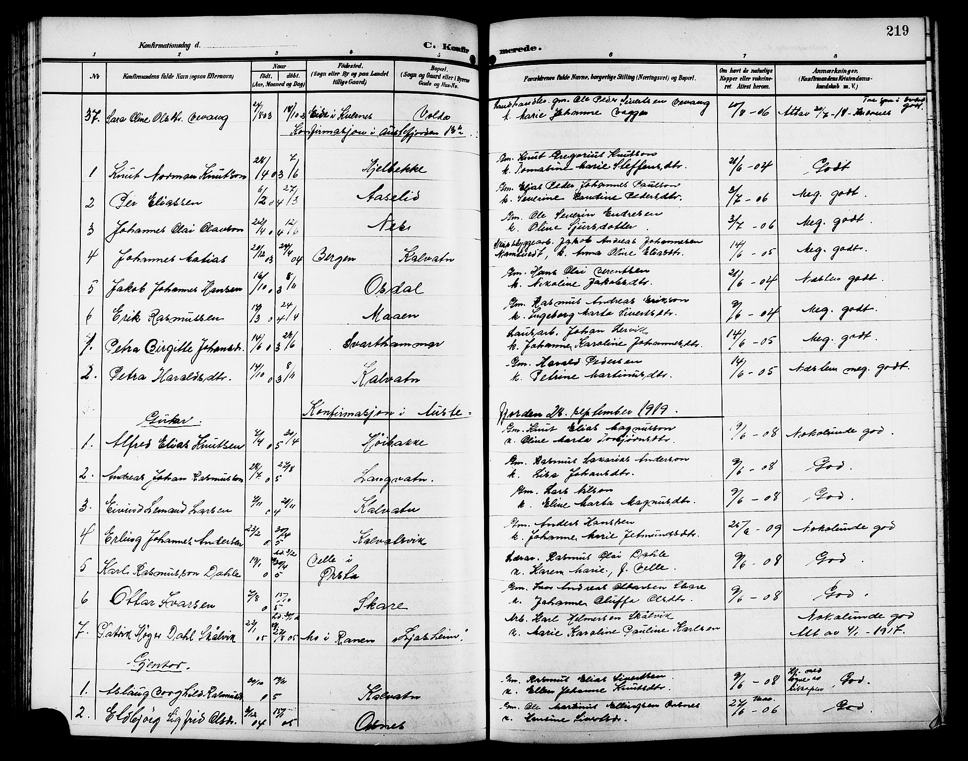Ministerialprotokoller, klokkerbøker og fødselsregistre - Møre og Romsdal, SAT/A-1454/511/L0159: Parish register (copy) no. 511C05, 1902-1920, p. 219
