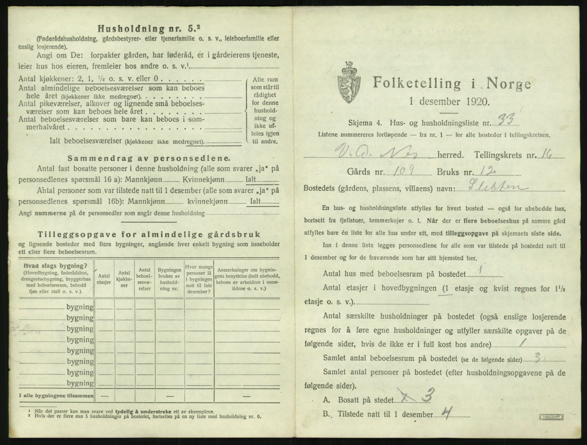 SAK, 1920 census for Nes (V-A), 1920, p. 1034