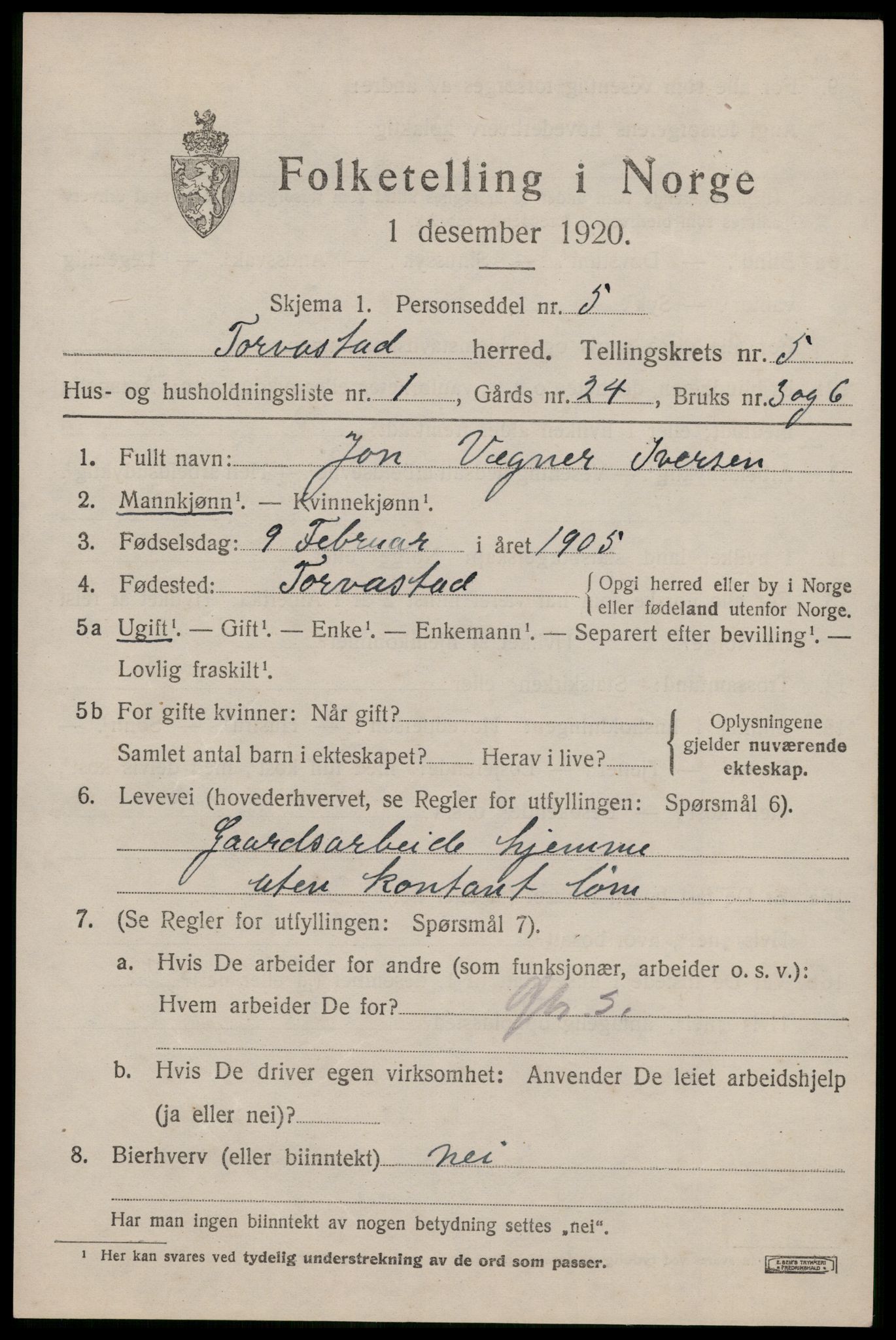 SAST, 1920 census for Torvastad, 1920, p. 4284