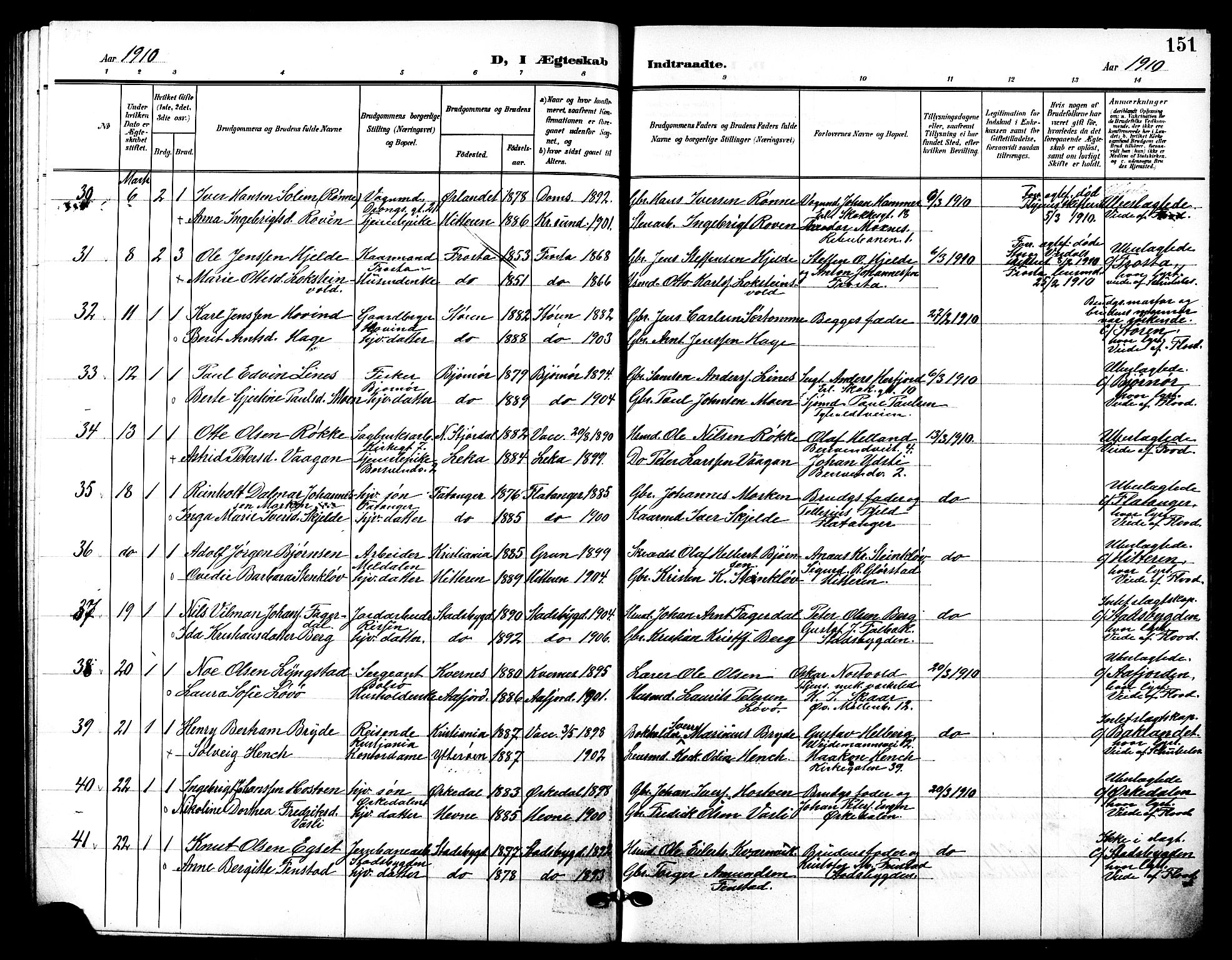 Ministerialprotokoller, klokkerbøker og fødselsregistre - Sør-Trøndelag, AV/SAT-A-1456/601/L0095: Parish register (copy) no. 601C13, 1902-1911, p. 151