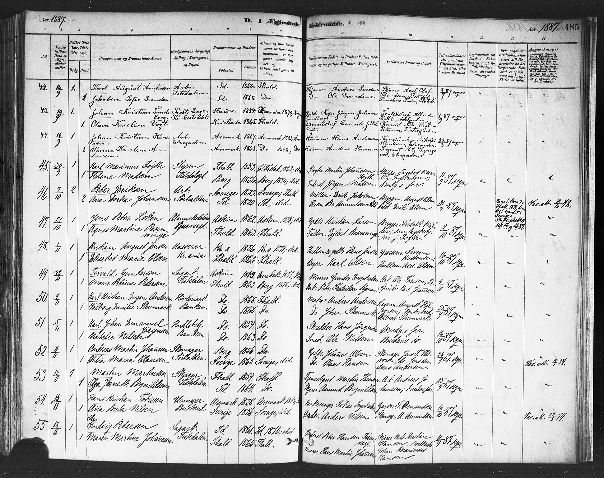Halden prestekontor Kirkebøker, SAO/A-10909/F/Fa/L0011: Parish register (official) no. I 11, 1878-1889, p. 485