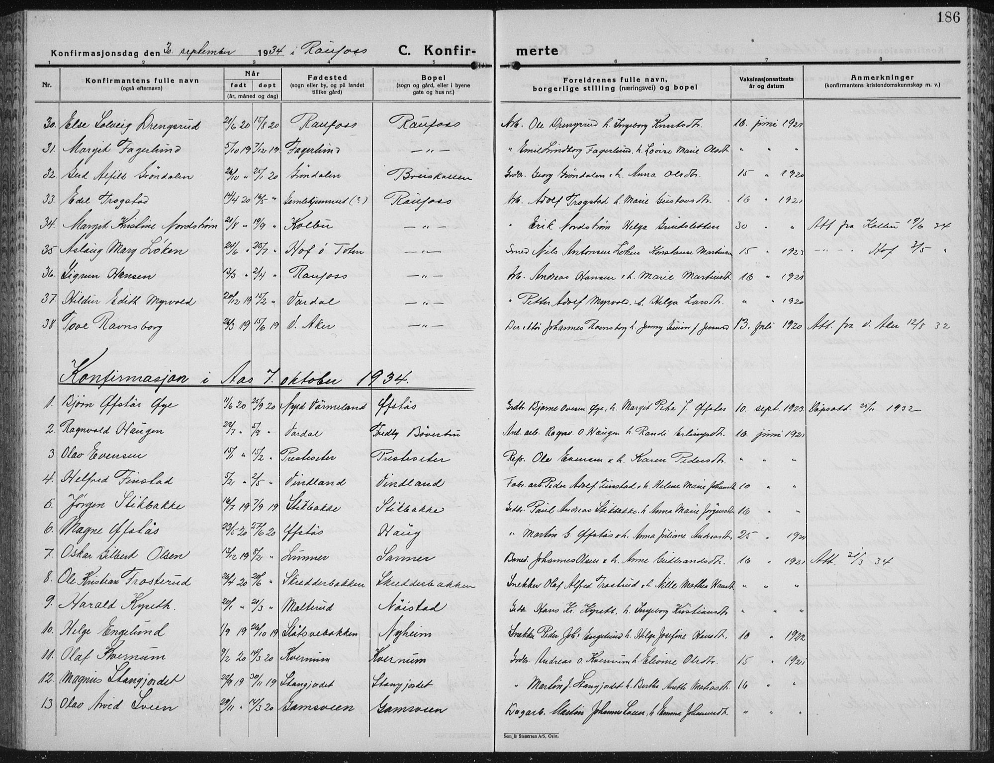 Vestre Toten prestekontor, AV/SAH-PREST-108/H/Ha/Hab/L0018: Parish register (copy) no. 18, 1928-1941, p. 186