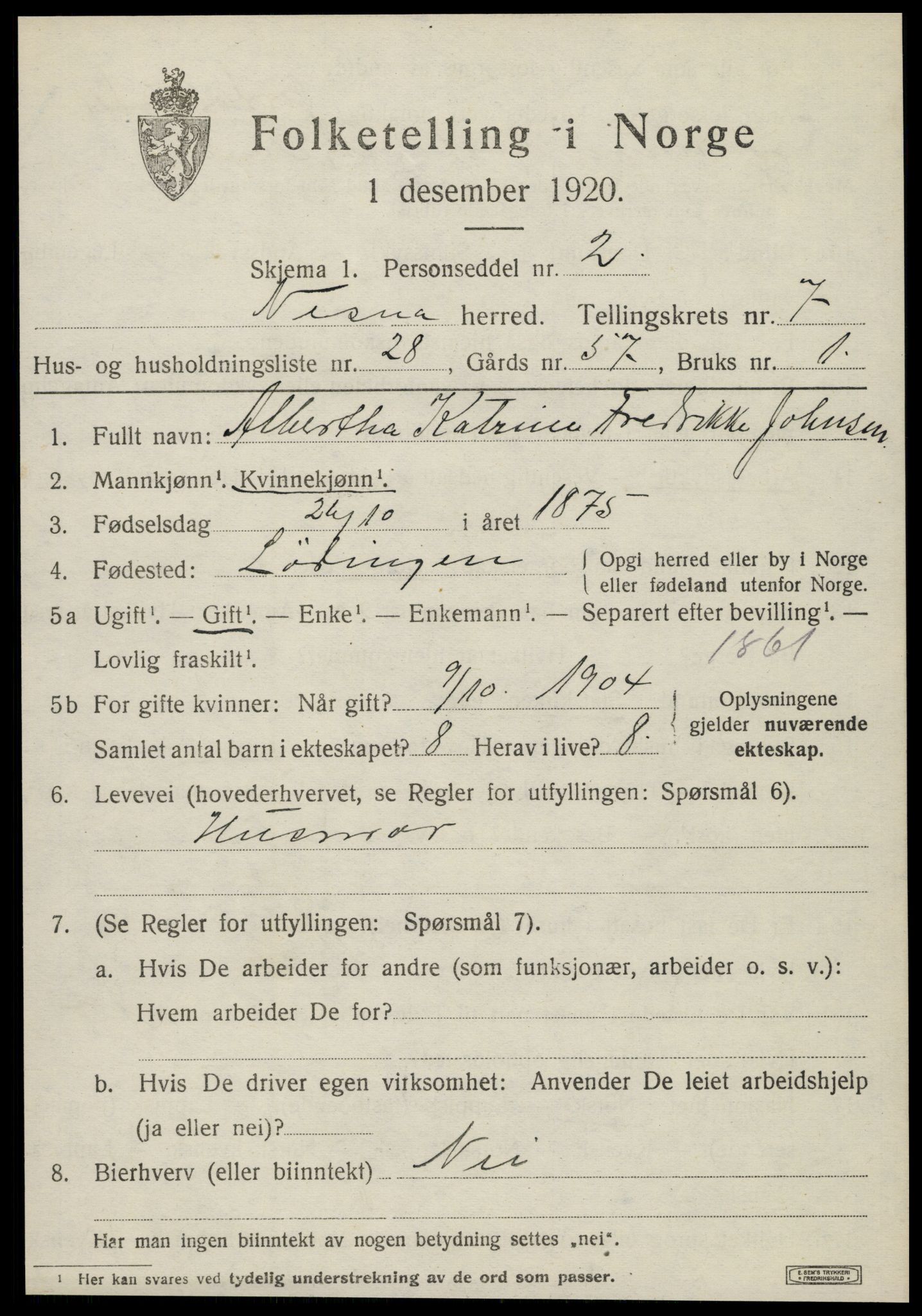 SAT, 1920 census for Nesna, 1920, p. 5735