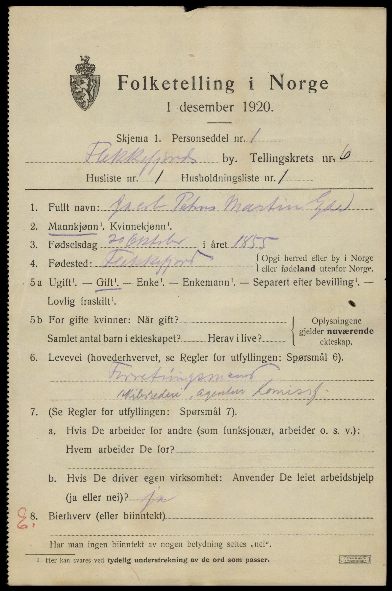 SAK, 1920 census for Flekkefjord, 1920, p. 5764