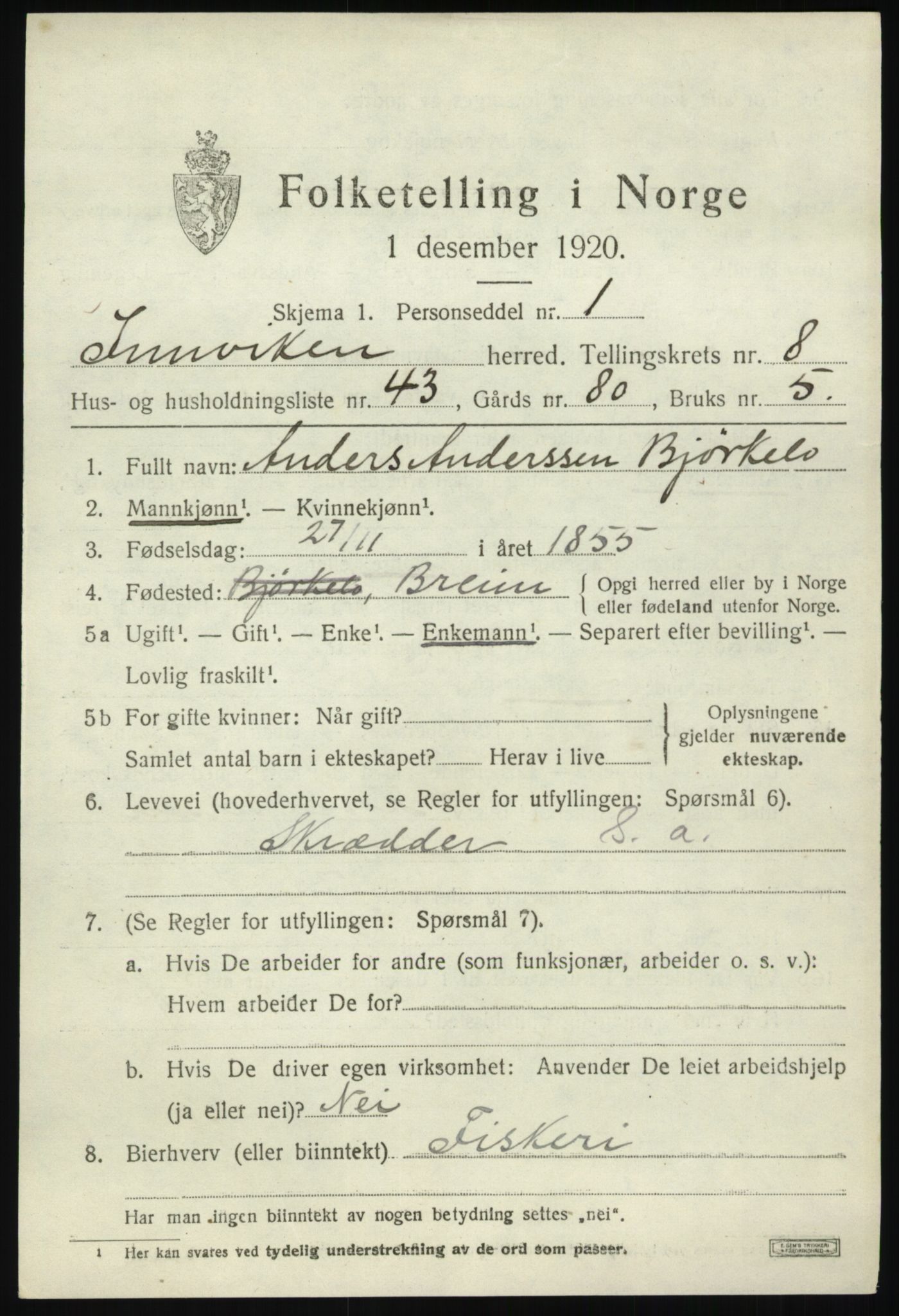 SAB, 1920 census for Innvik, 1920, p. 3891