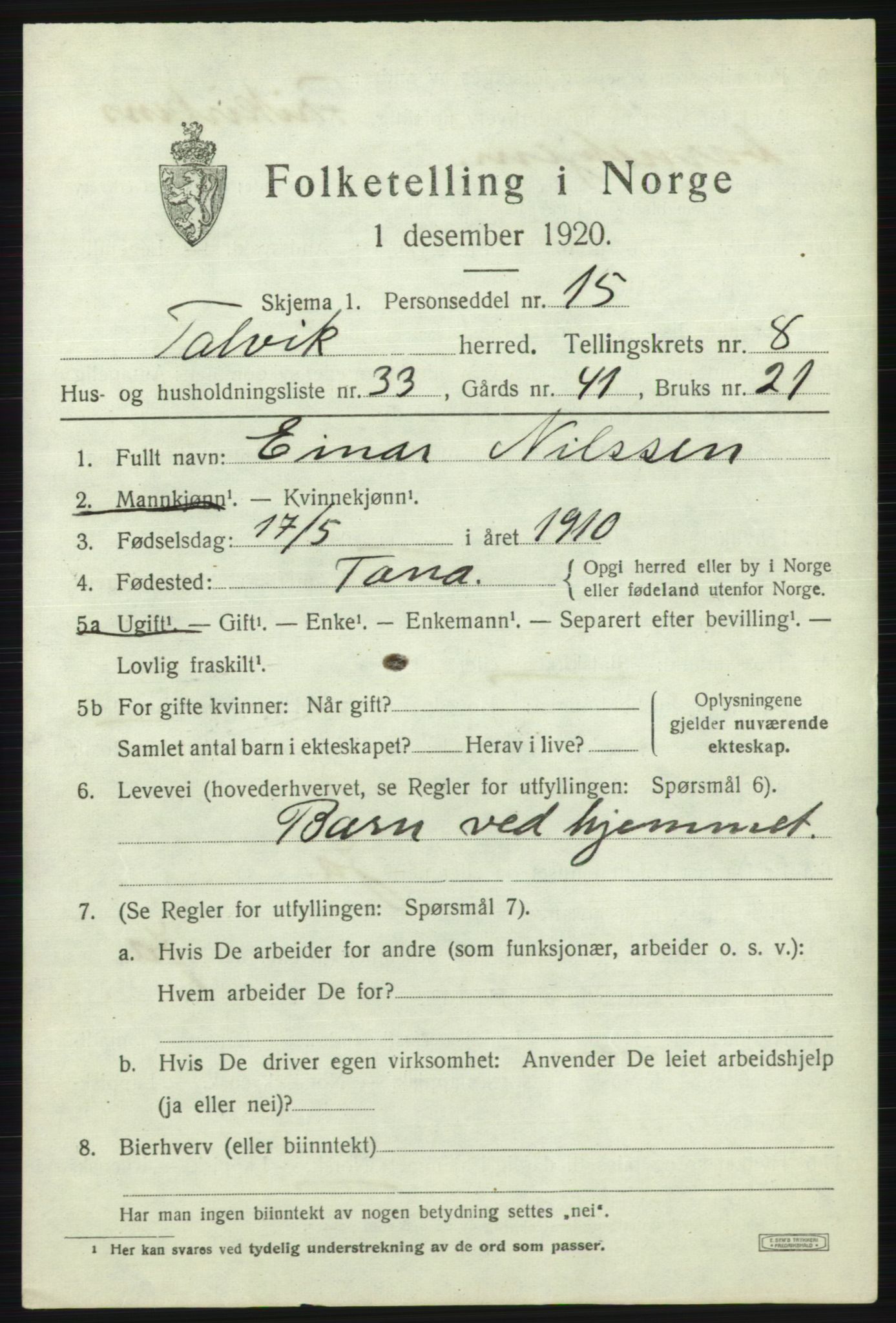 SATØ, 1920 census for Talvik, 1920, p. 5362