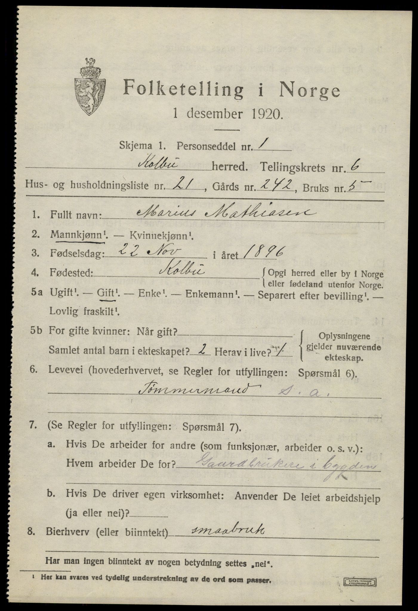 SAH, 1920 census for Kolbu, 1920, p. 4624