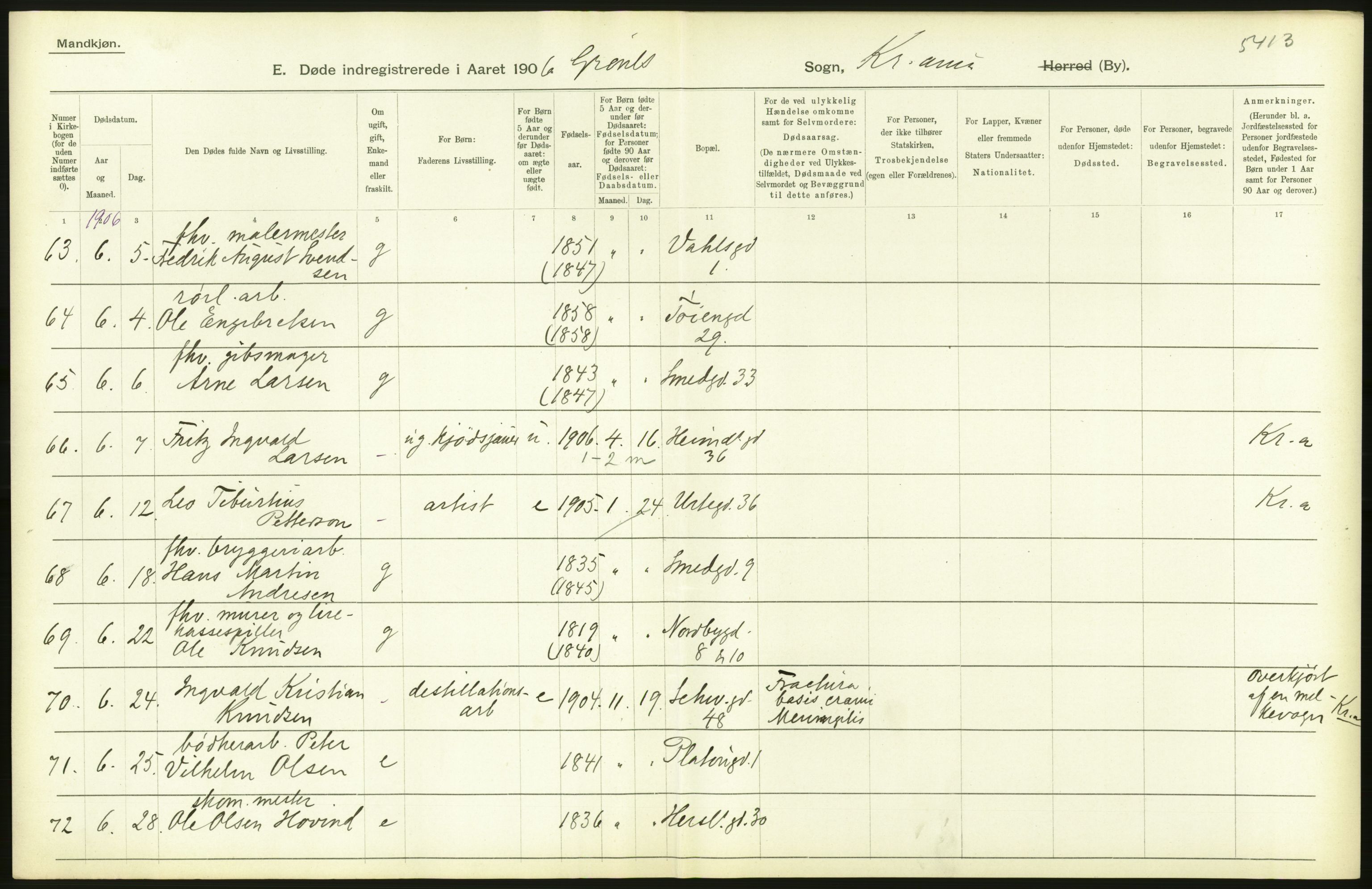 Statistisk sentralbyrå, Sosiodemografiske emner, Befolkning, AV/RA-S-2228/D/Df/Dfa/Dfad/L0009: Kristiania: Døde, 1906, p. 56