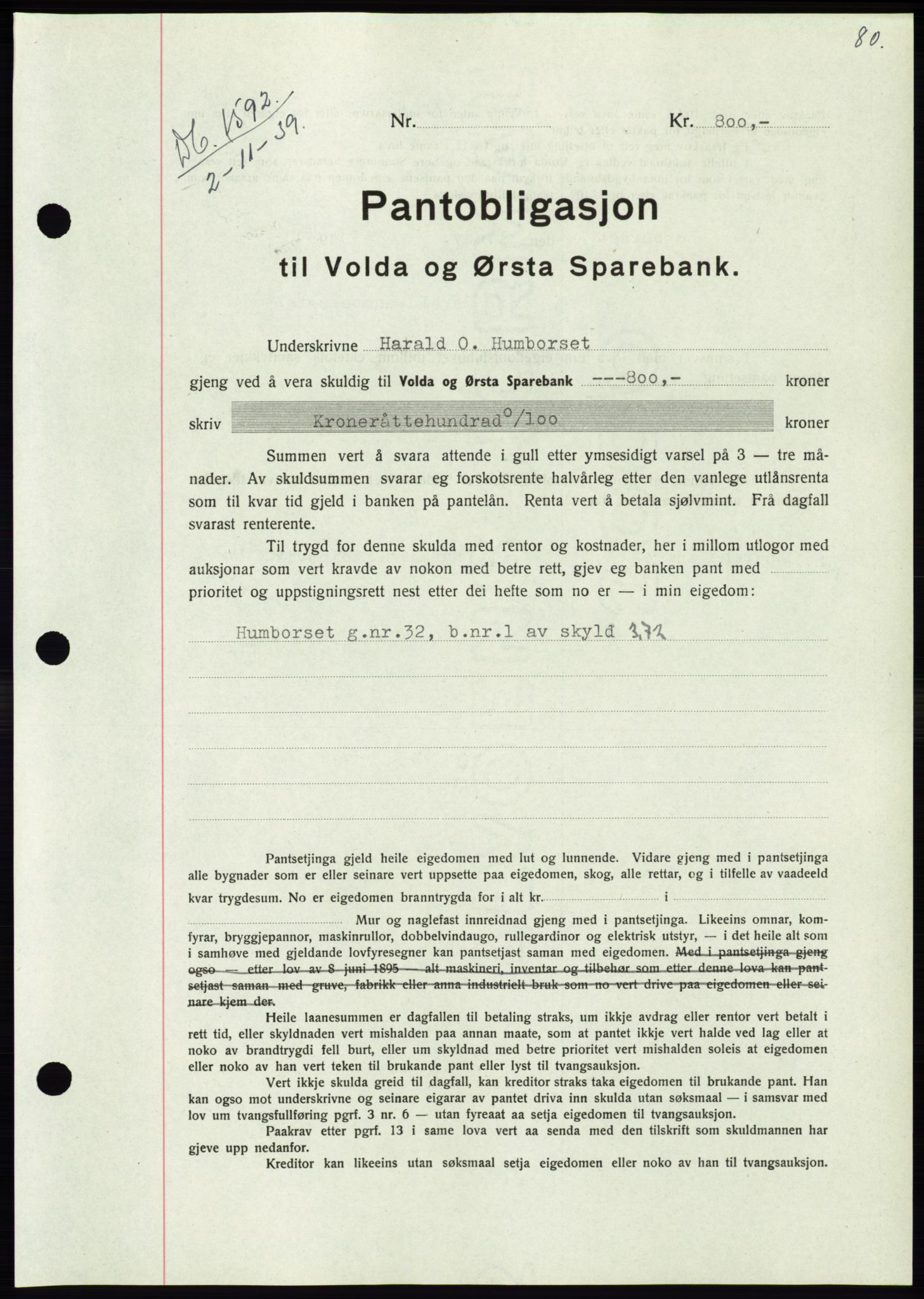 Søre Sunnmøre sorenskriveri, AV/SAT-A-4122/1/2/2C/L0069: Mortgage book no. 63, 1939-1940, Diary no: : 1592/1939