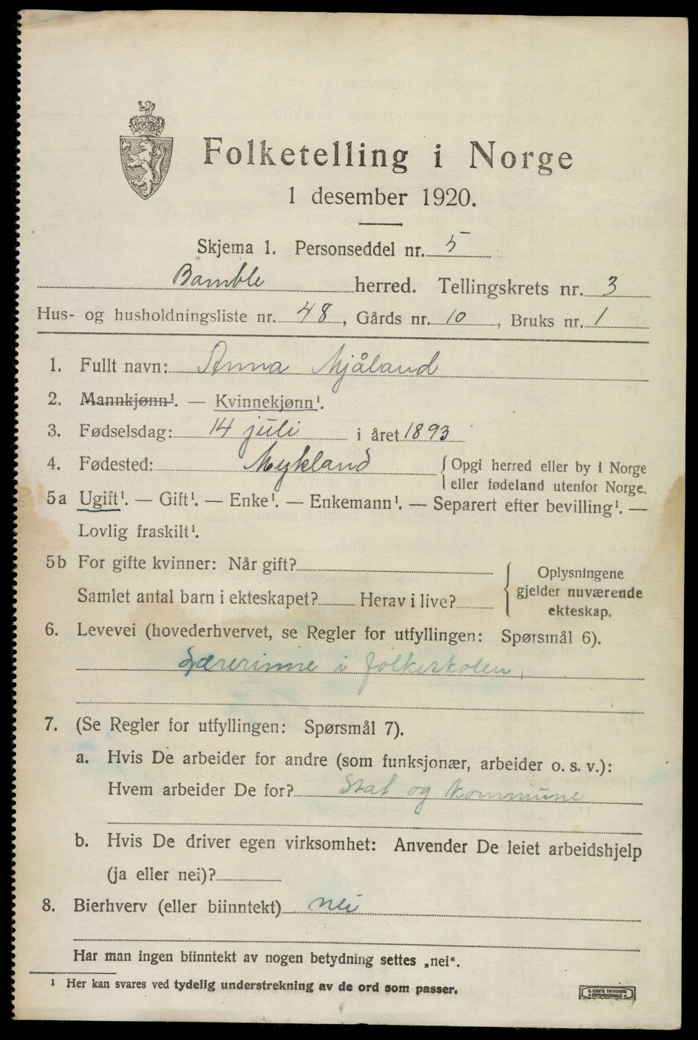 SAKO, 1920 census for Bamble, 1920, p. 4321