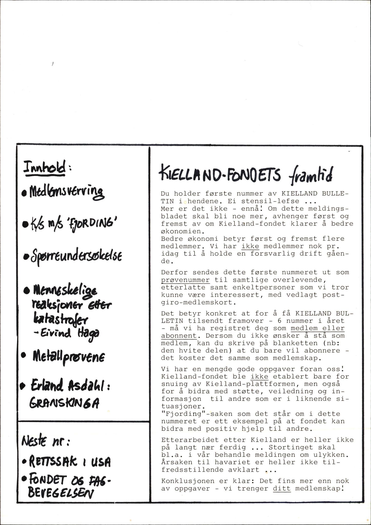 Pa 1660 - Kielland- fondet, AV/SAST-A-102242/X/Xa/L0001: Rapport til overlevende og etterlatte/ Kielland Bulletin, 1980-1998