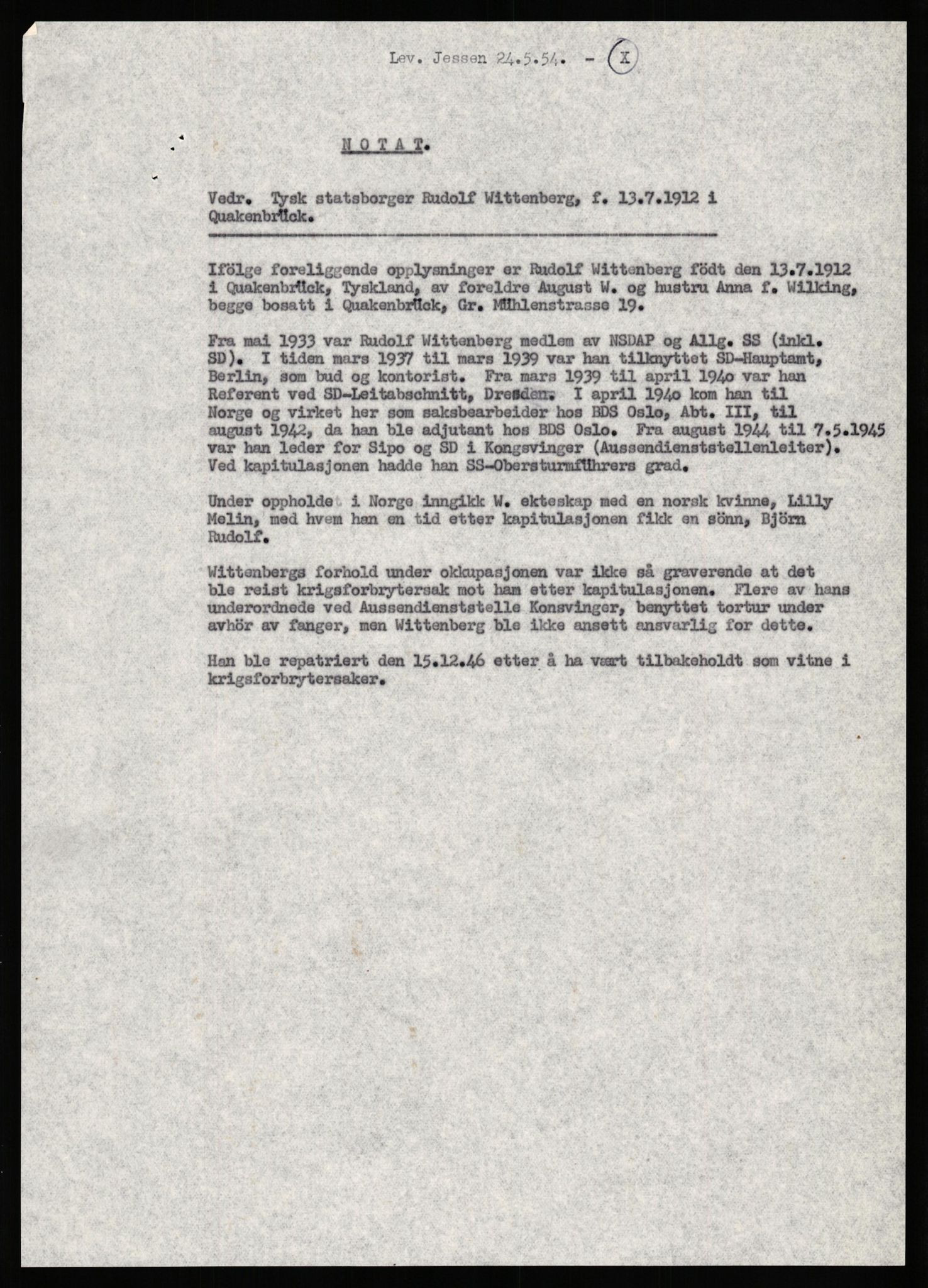 Forsvaret, Forsvarets overkommando II, AV/RA-RAFA-3915/D/Db/L0036: CI Questionaires. Tyske okkupasjonsstyrker i Norge. Tyskere., 1945-1946, p. 374