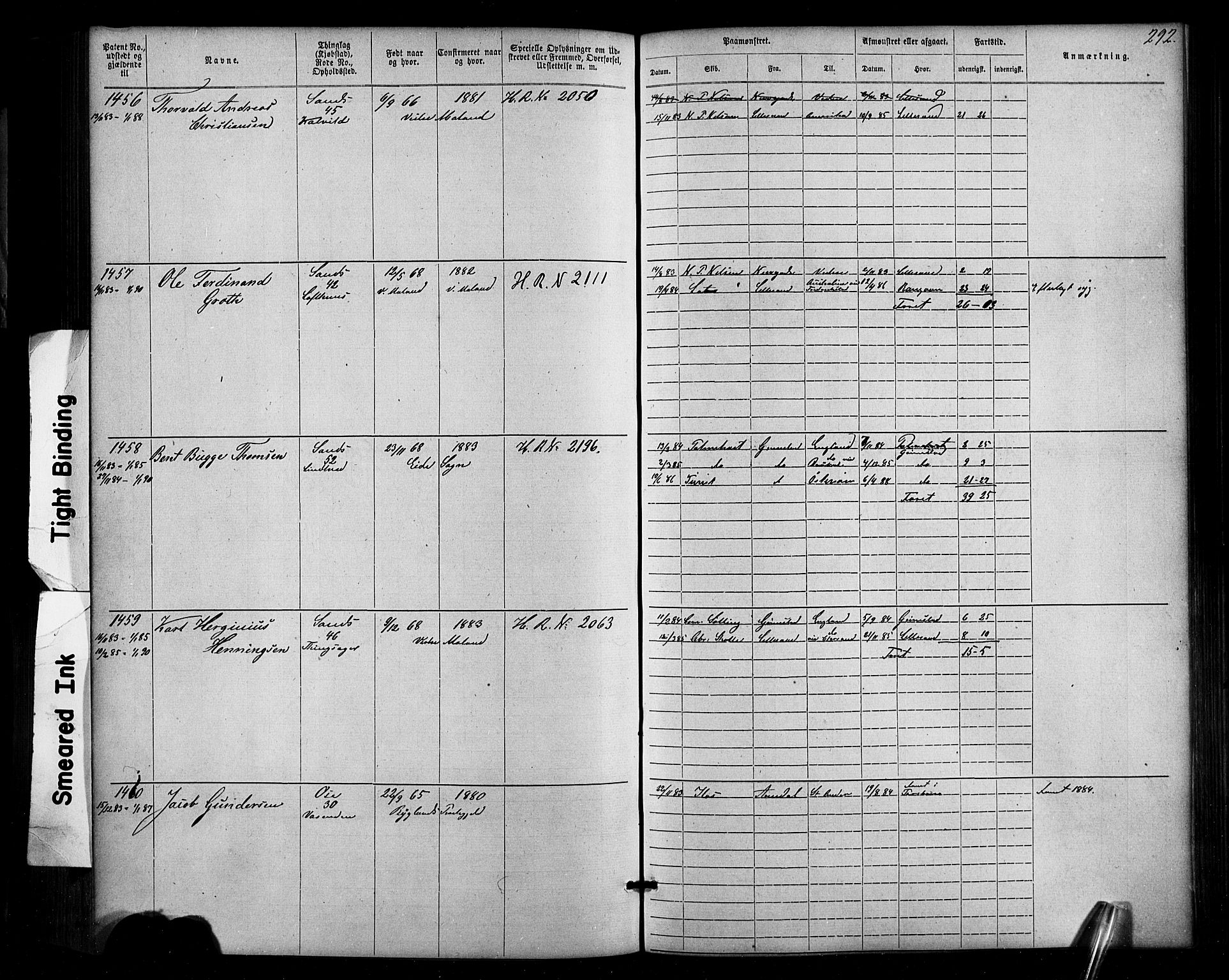 Lillesand mønstringskrets, SAK/2031-0014/F/Fa/L0002: Annotasjonsrulle nr 1-1910 med register, W-8, 1868-1891, p. 298
