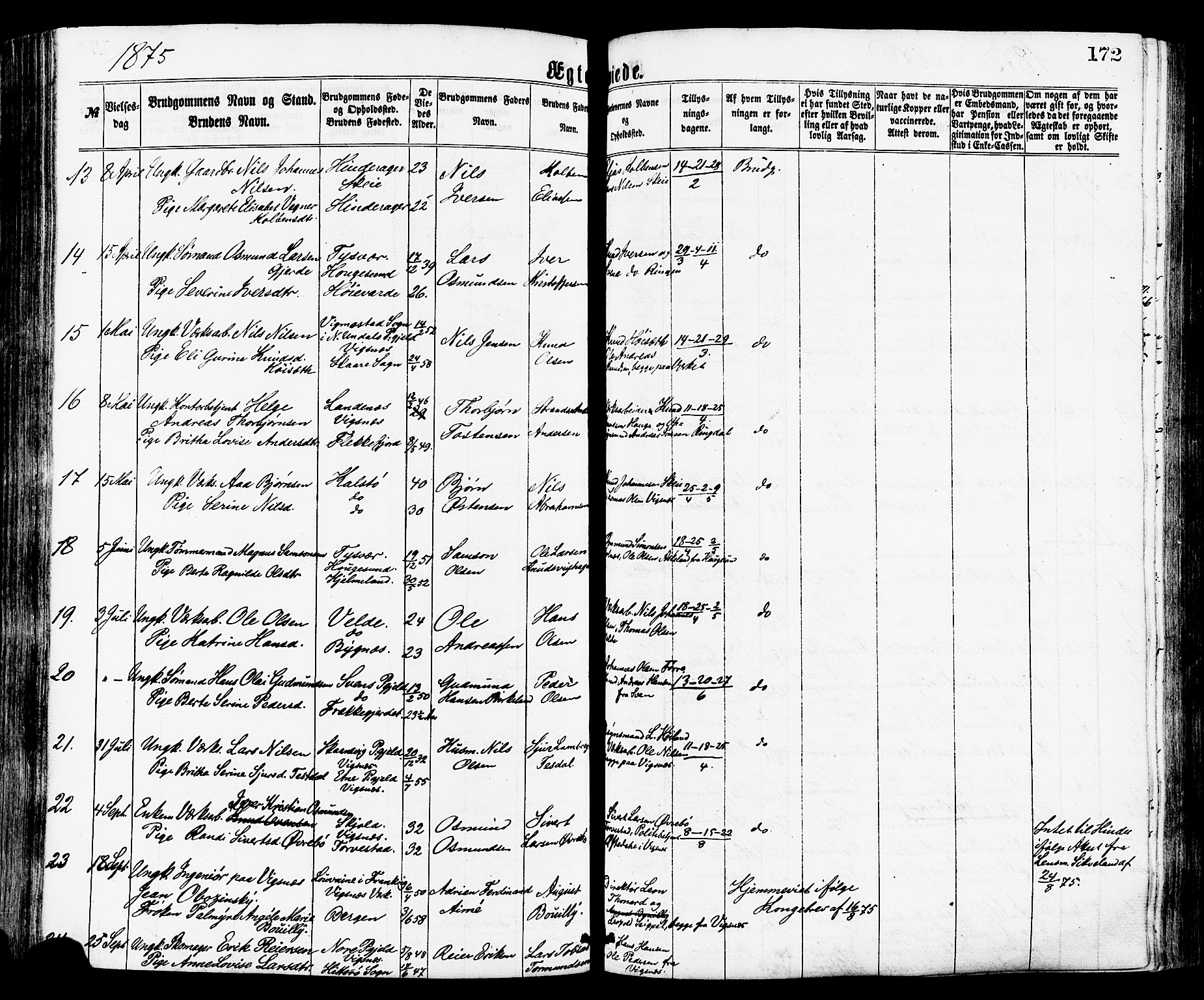 Avaldsnes sokneprestkontor, AV/SAST-A -101851/H/Ha/Haa/L0012: Parish register (official) no. A 12, 1865-1880, p. 172