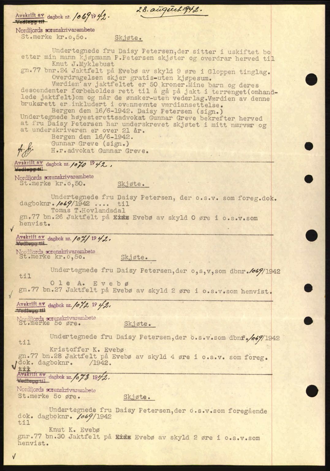 Nordfjord sorenskriveri, SAB/A-2801/02/02b/02bj/L0007: Mortgage book no. A7, 1941-1943, Diary no: : 1064/1942