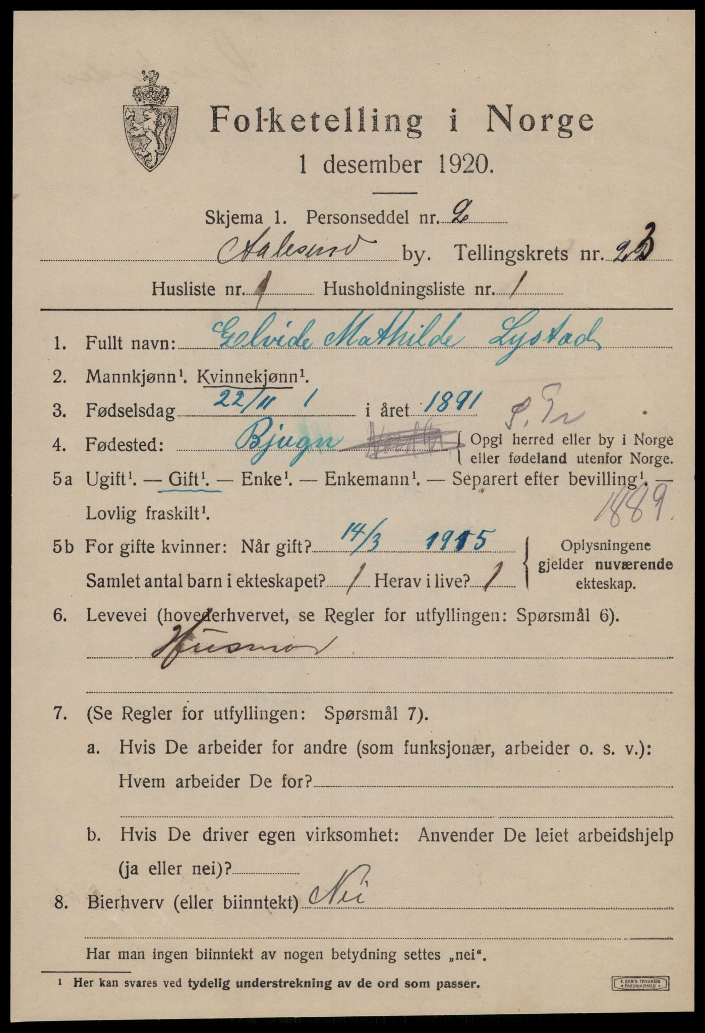 SAT, 1920 census for Ålesund, 1920, p. 42018