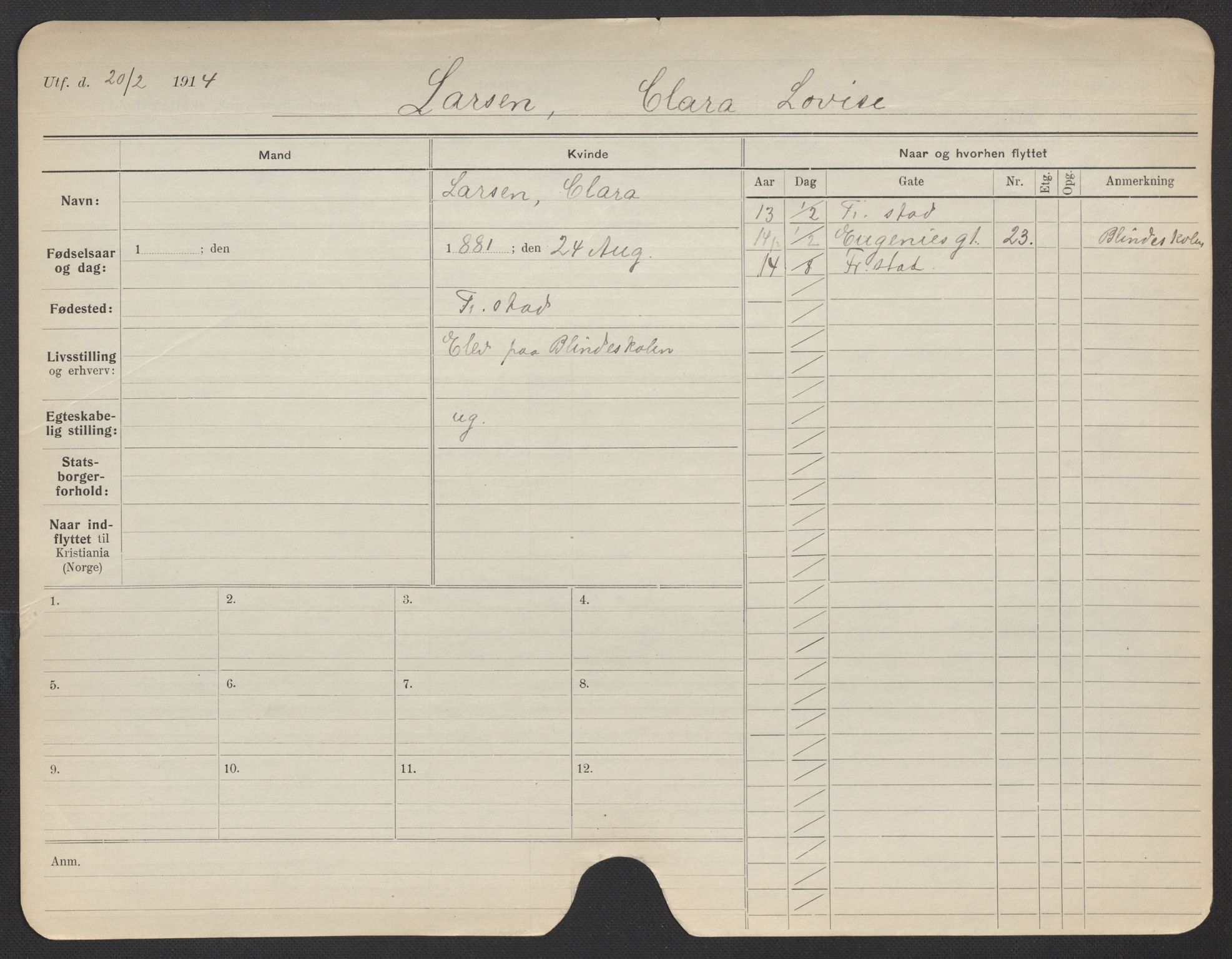 Oslo folkeregister, Registerkort, AV/SAO-A-11715/F/Fa/Fac/L0019: Kvinner, 1906-1914, p. 1013a