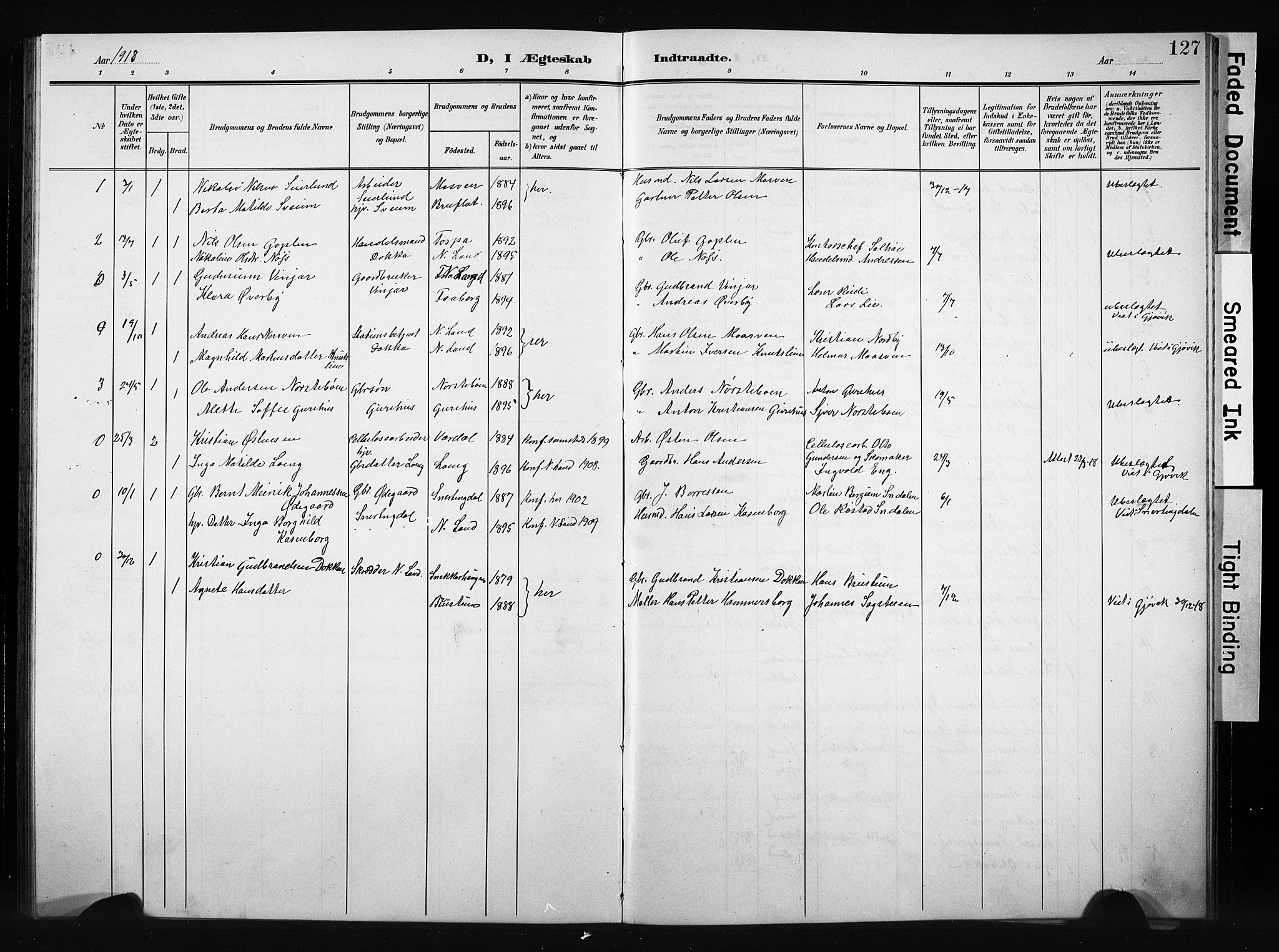 Nordre Land prestekontor, AV/SAH-PREST-124/H/Ha/Hab/L0006: Parish register (copy) no. 6, 1905-1929, p. 127