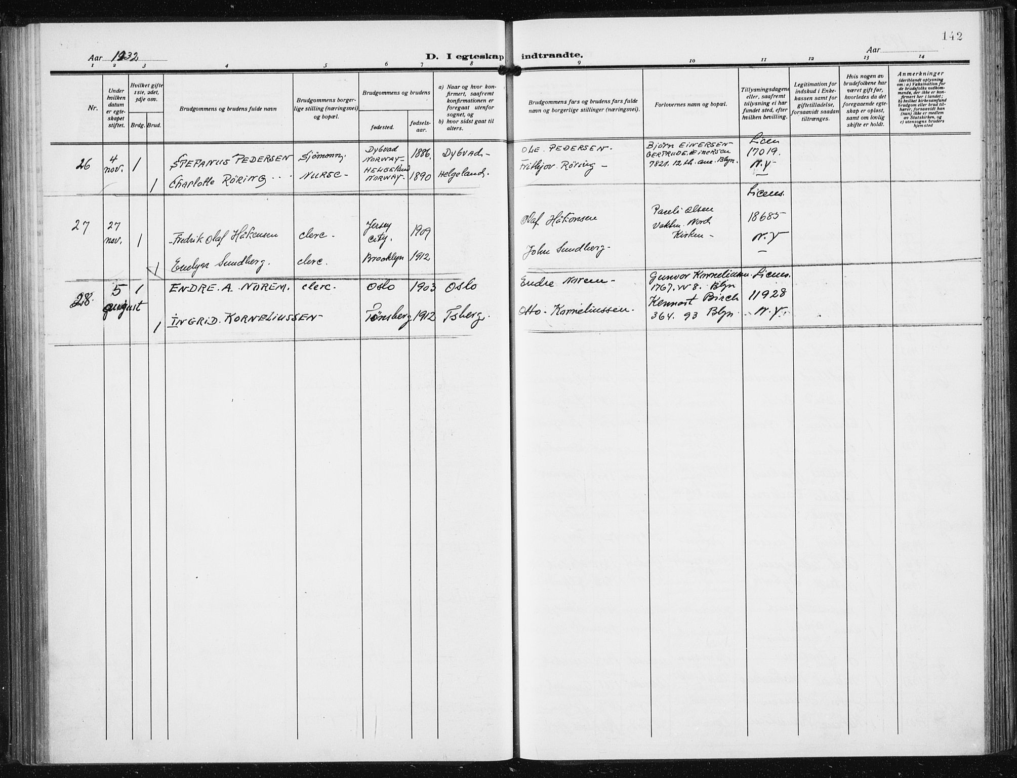 Den norske sjømannsmisjon i utlandet/New York, SAB/SAB/PA-0110/H/Ha/L0008: Parish register (official) no. A 8, 1923-1935, p. 142