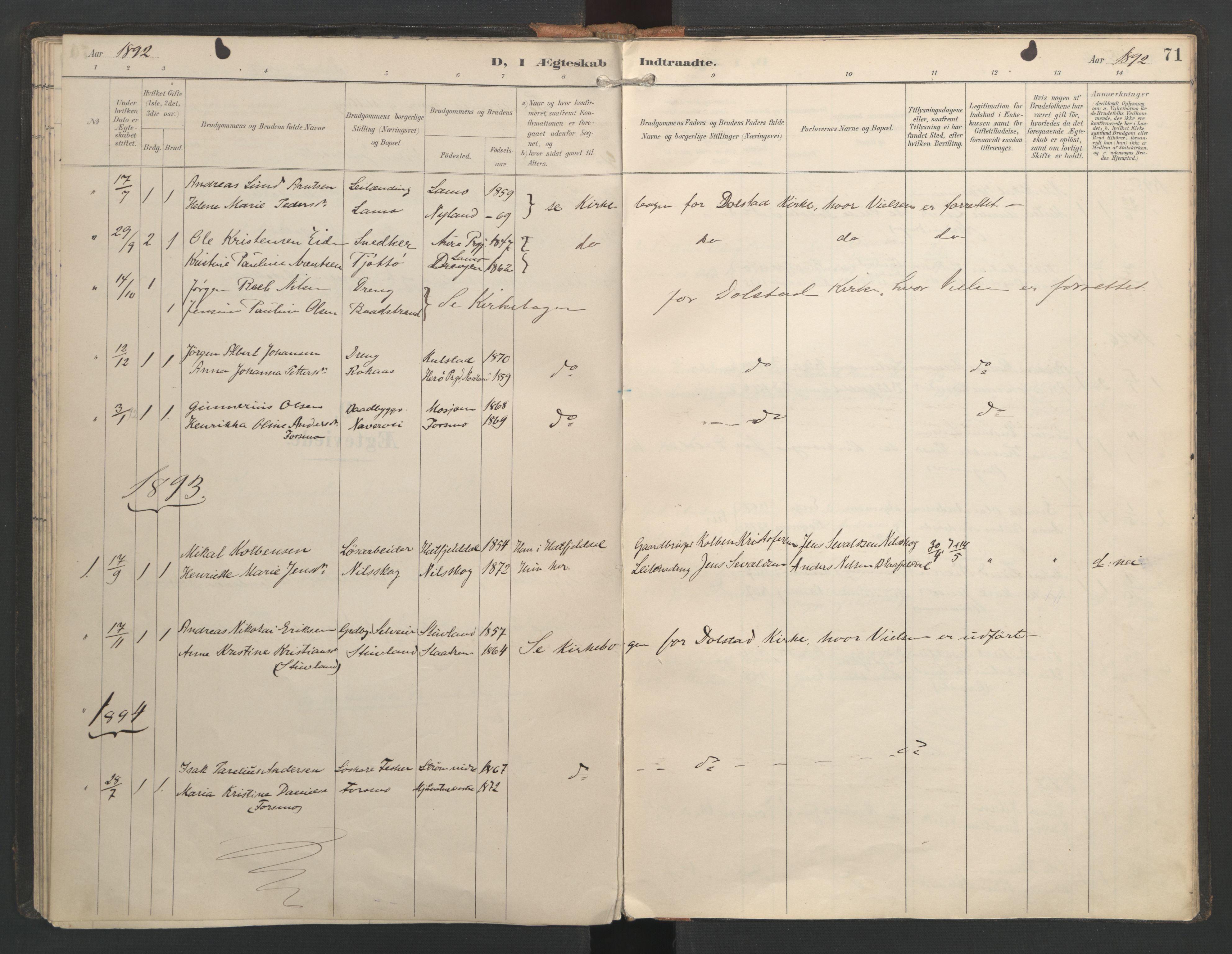 Ministerialprotokoller, klokkerbøker og fødselsregistre - Nordland, SAT/A-1459/821/L0317: Parish register (official) no. 821A01, 1892-1907, p. 71