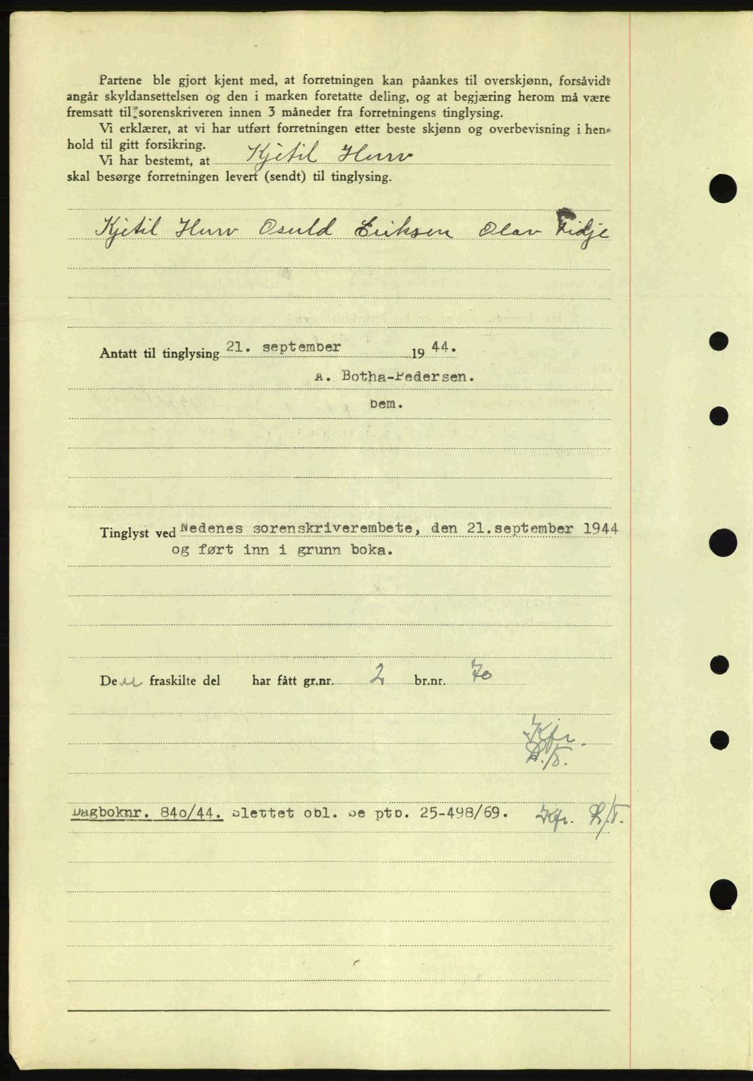 Nedenes sorenskriveri, AV/SAK-1221-0006/G/Gb/Gba/L0052: Mortgage book no. A6a, 1944-1945, Diary no: : 839/1944